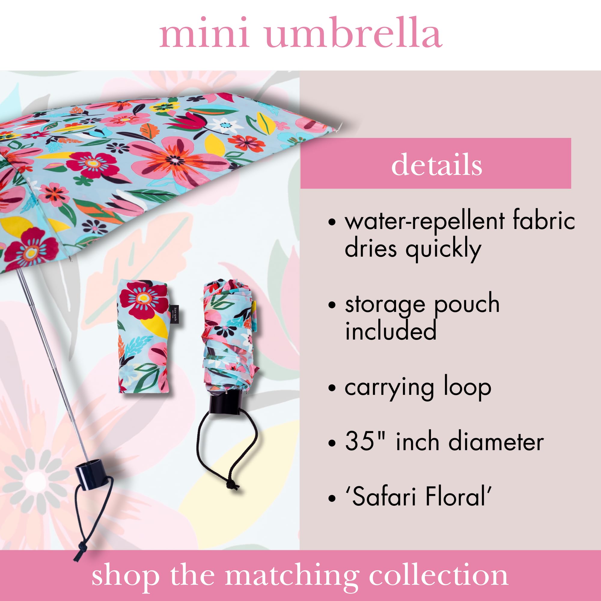 kate spade new york Mini paraguas, paraguas compacto con funda de almacenamiento, paraguas pequeño para mochila o coche (safari floral)