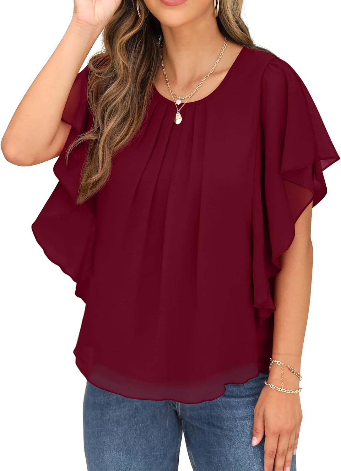QIXING Summer Casual Loose Round Neck Chiffon Flowy Tops Blouses for Women - Image 2