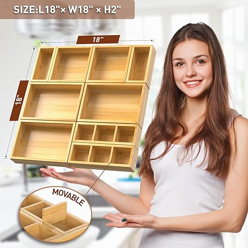 Miniatura 4 de Organizador de cajones de bambú, juego de 9 bandejas de madera para cocina, escritorio de té chatarra de oficina, cajas de almacenamiento de madera