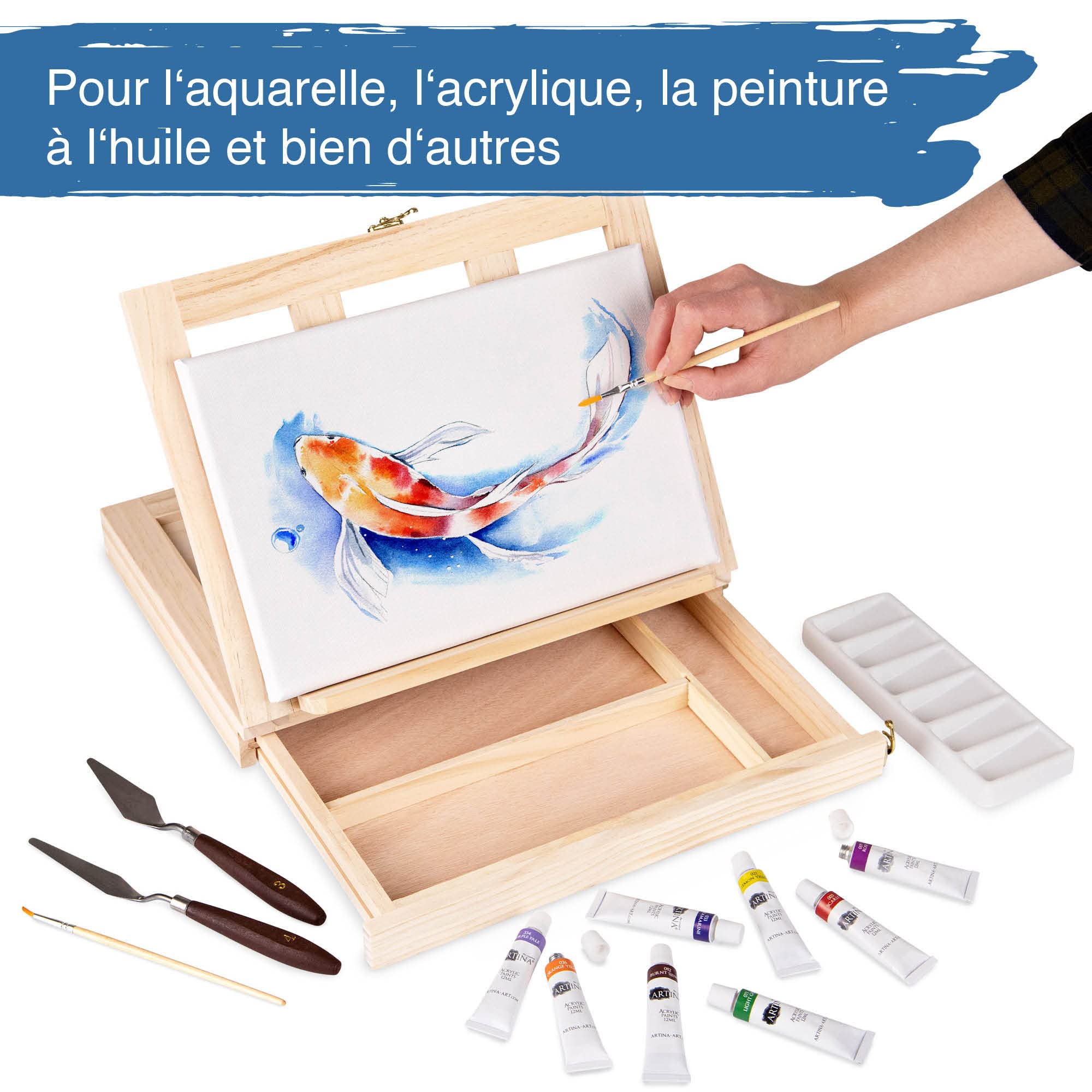 Artina 19pcs Kit Peinture Acrylique avec Coffret en Bois – Coffret Peinture Enfant avec Malette Chevalet Table, Toile, 12x12 ml Couleurs Acryliques, Pinceau – Kit pour Débutants & Artistes – Milano