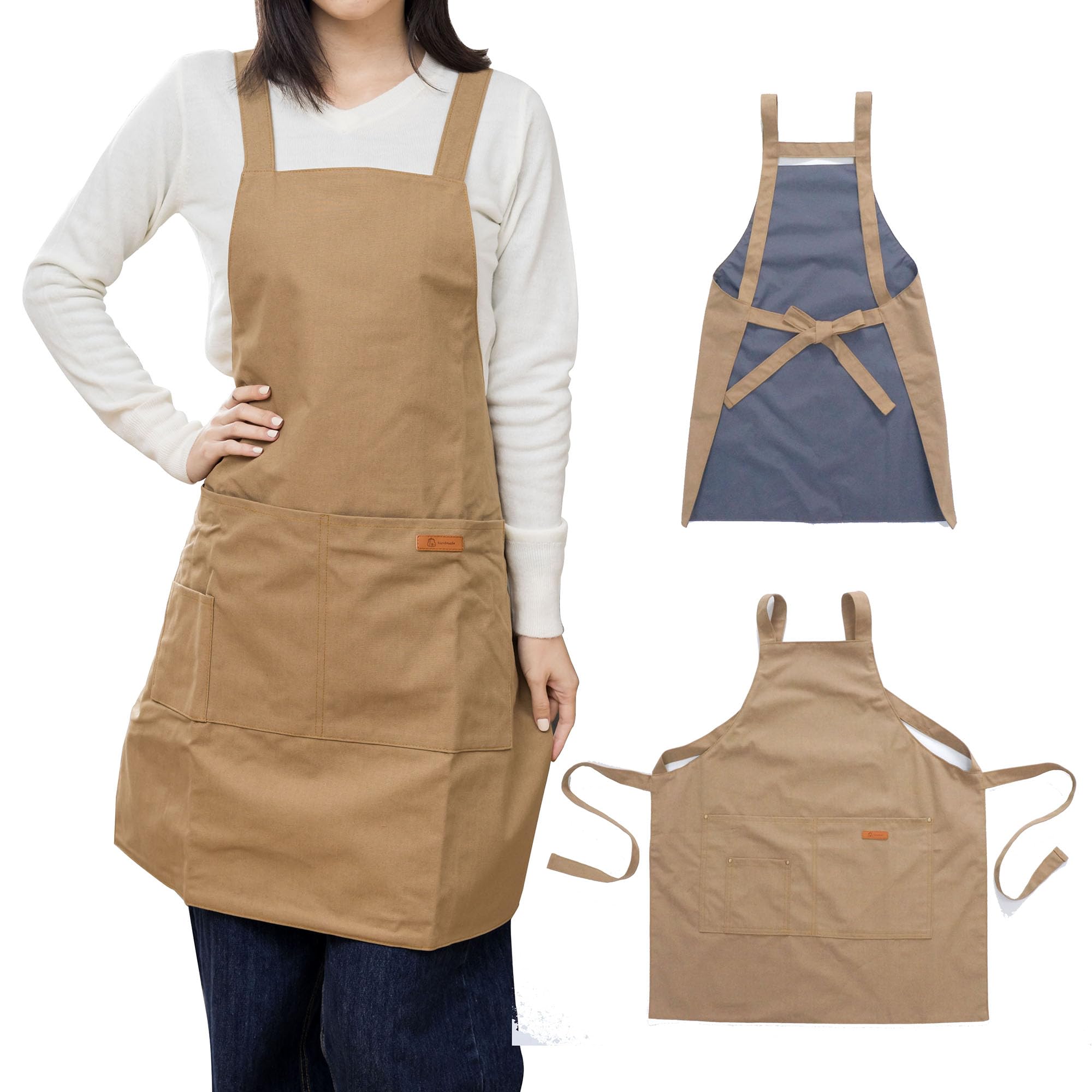 HABABYIndustrial style Chef Aprons, Adjustable Bib Soft Chef Apron with 2 Pockets for Men Women- General size (khaki), Khaki, One size