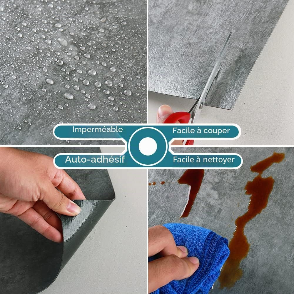 VEELIKE Carrelage Adhesif Sol Beton Gris Dalle PVC Adhesive Sol Beton Industriel Vintage Stickers Carrelage Cuisine Carrelage Salle de Bain Dalle PVC Garage 1.5mm 30 cm × 30 cm 24 Pièces