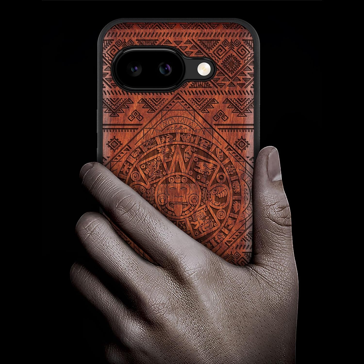 Carveit Magnetic Wooden Case for Google Pixel 9a Case, Wood Artisan Engraved & Soft TPU Shockproof Cover, Compatible with MagSafe Wireless Chargers (Aztec Calendar) Rosy