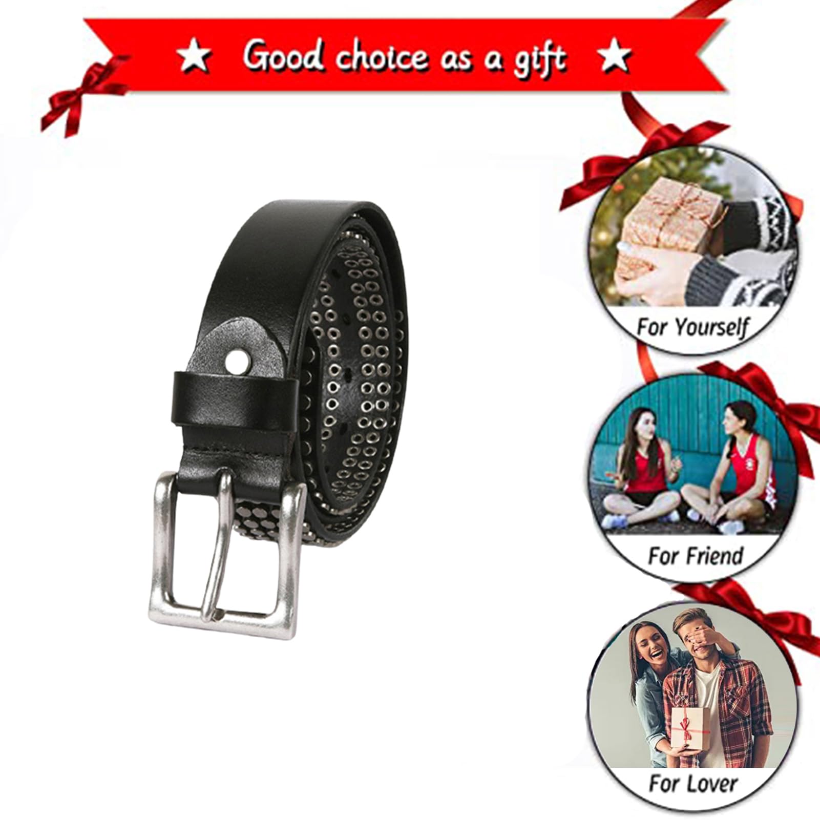Ceinture en Cuir à Rivets Style Tendance Motif Circulaire Clouté Boucle à Griffes Réglable Ceinture Punk Rock pour Les Loisirs(115cm/waist:39", Black)