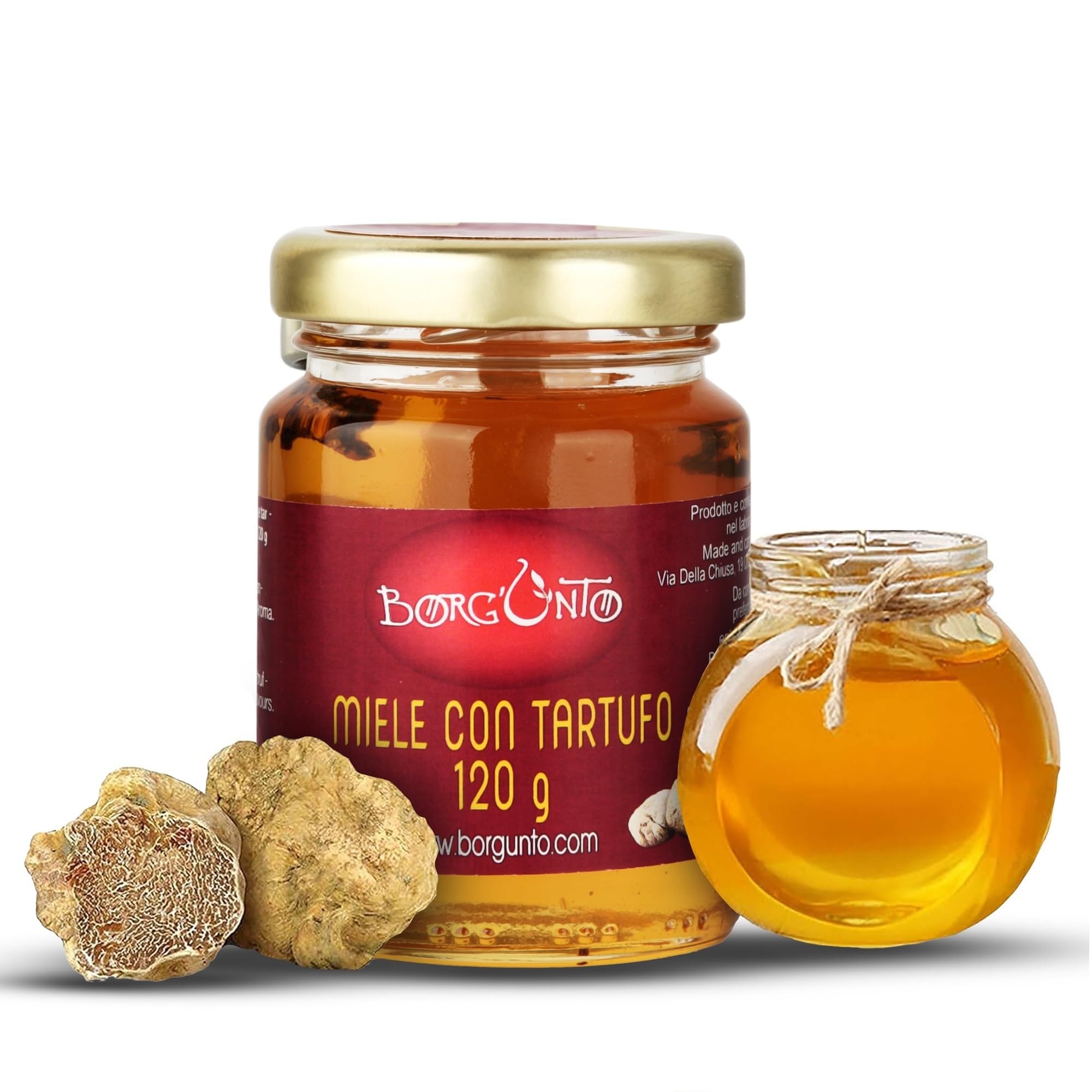 BORGUNTO | Miele d'Acacia 12x120gr con Tartufo Vero - Prodotto adatto anche ai Ristoranti | Perfetto per accompagnare Formaggi stagionati, Salumi e Dessert | Prodotto Italiano di Altissima Qualità