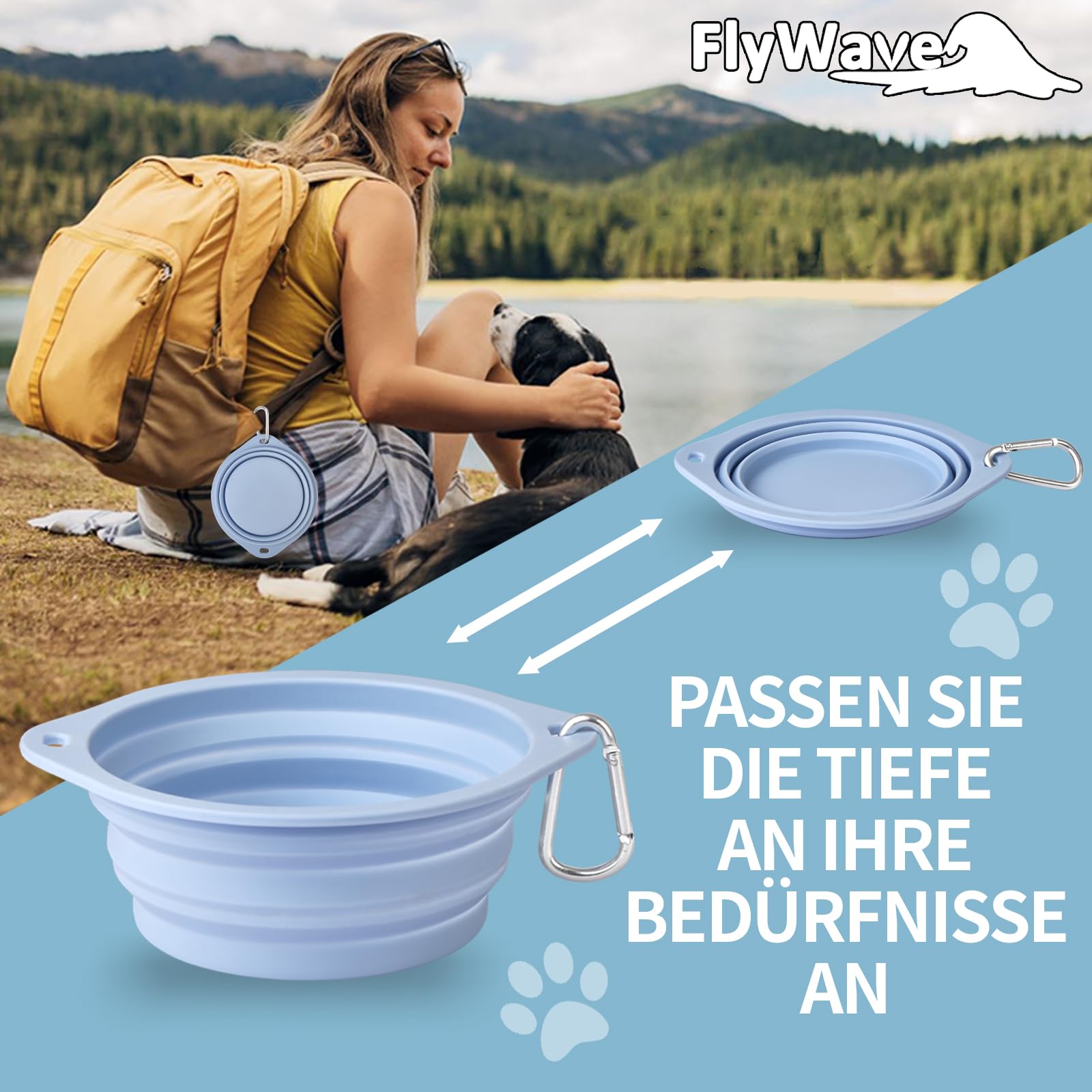 FlyWave Składana miska dla psa w podróży, miska podróżna dla psa, zabezpieczona przed wyciekiem, miska do picia dla psa na podróż, składana, 350 ml, niebieska