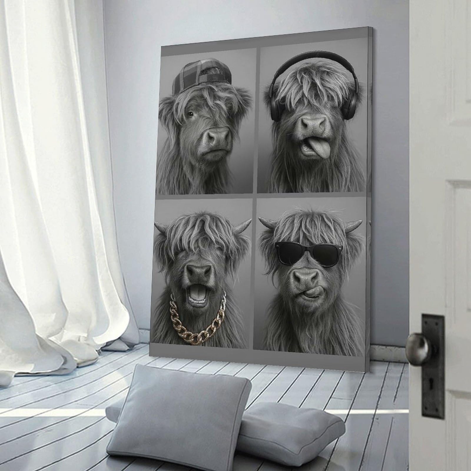Junmoney Cool Cows in Monochrome Wall Picture Print 12x18inch(30x45cm), for Corridors, Hallways Or Apartment Entries, Decorative Canvas Styling for Entry Areas