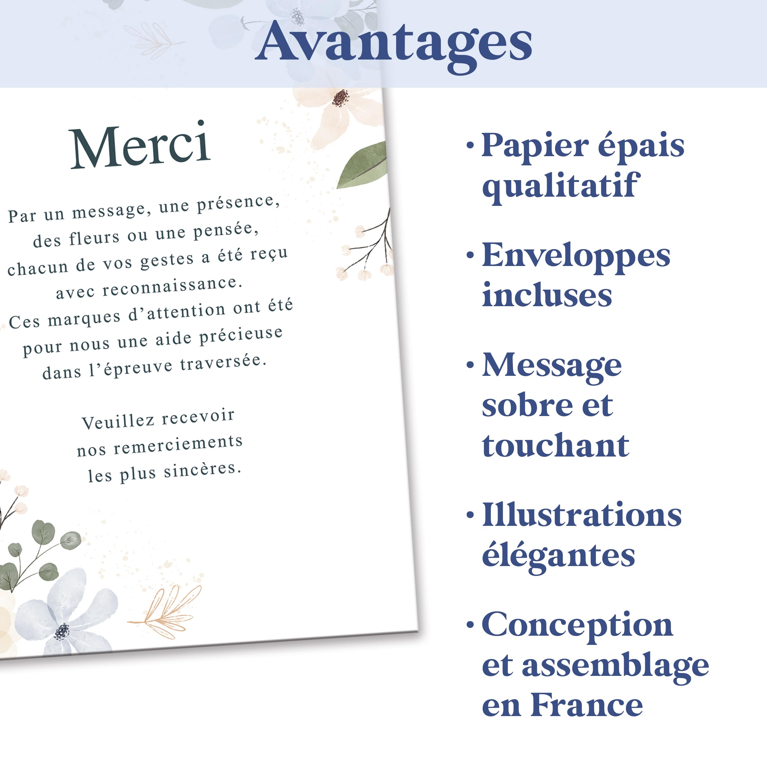Cartes Remerciement Deuil Décès Obsèques Enterrement - Lot 25/50/75 + Enveloppes - Papier 400g - Design Sobre Élégant Fleurs Bougie Étoile - Marque Française (Lot de 75, Fleurs)