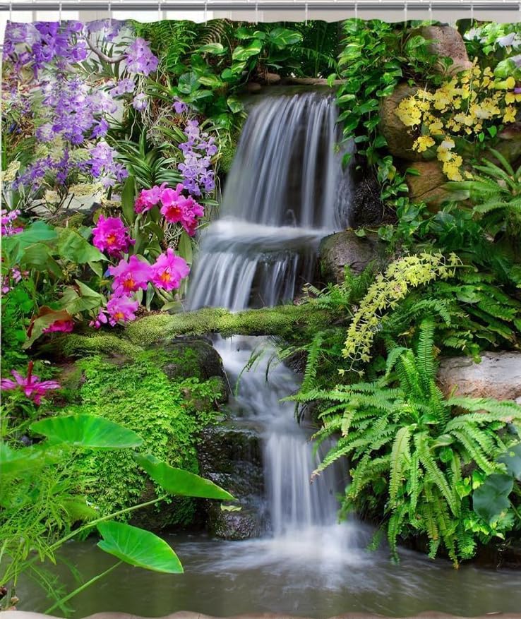 Garden Waterfall Shower Curtain Full of Moss Flower Stone Steps Nature Landscape Shower Curtains for Bathroom Waterproof Fabric Scenic Bath Curtain with Hooks 180x200cm