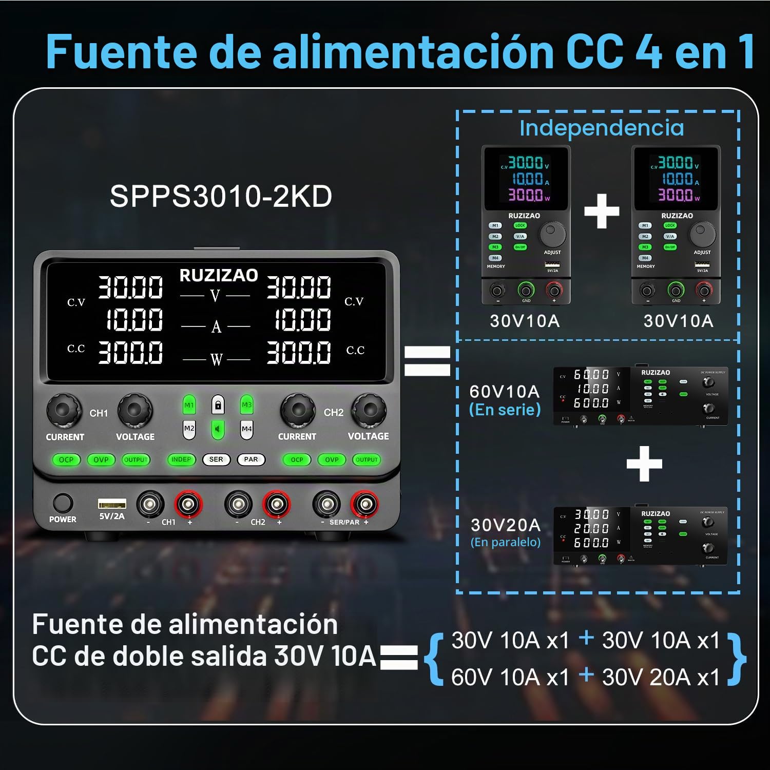 Doble Fuente de Alimentación Regulable: 30V 10A 300W Fuentes de Alimentación de Laboratorio de Banco Serie (60V 10A 600W) Paralelo (30V 20A 600W) OCP OVP Almacenamiento de Memoria