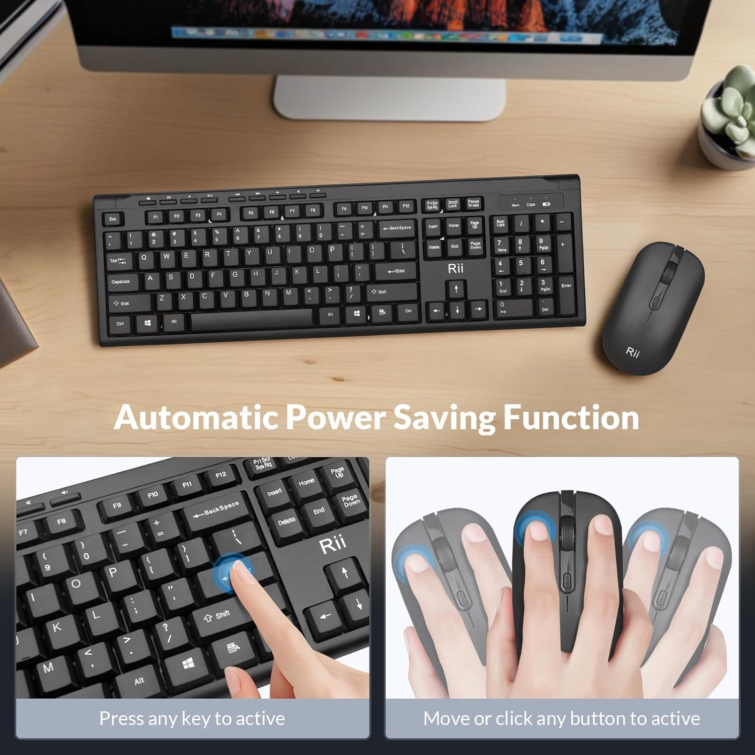 Diagram showing how to activate Rii keyboard and mouse from automatic power saving mode.