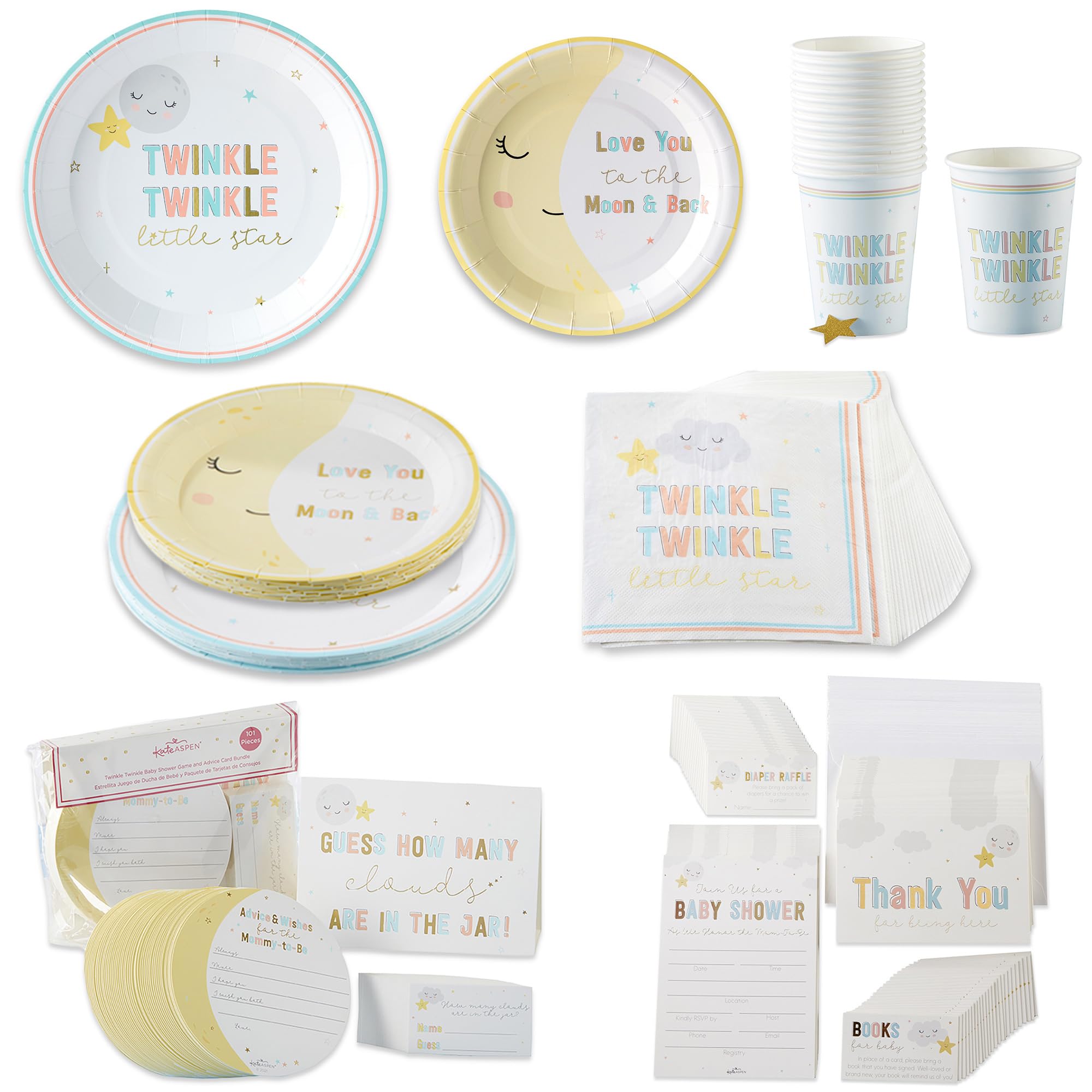Kate Aspen Twinkle Twinkle Baby Shower 129 Pc Party Kit - Plates, Napkins, Guest Bk, Cups & Baby Shower Games (16 guests) Party Supplies Tableware Decor for Baby Shower