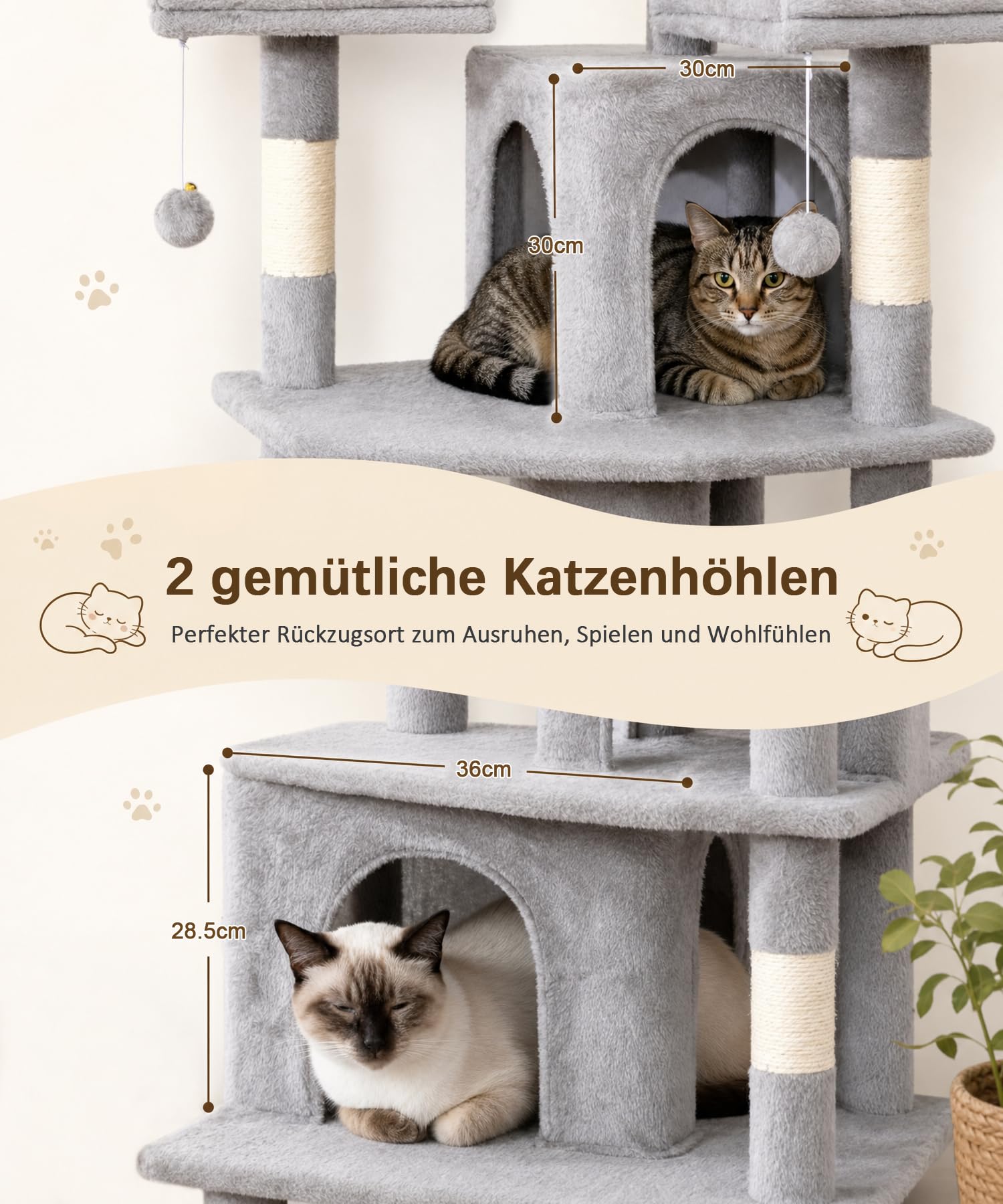 Tiragraffi alto 181 cm, per gatti da appartamento | Tiragraffi grande, XL, a più piani, con 2 comode grotte, 3 piattaforme, amaca, tiragraffi in sisal