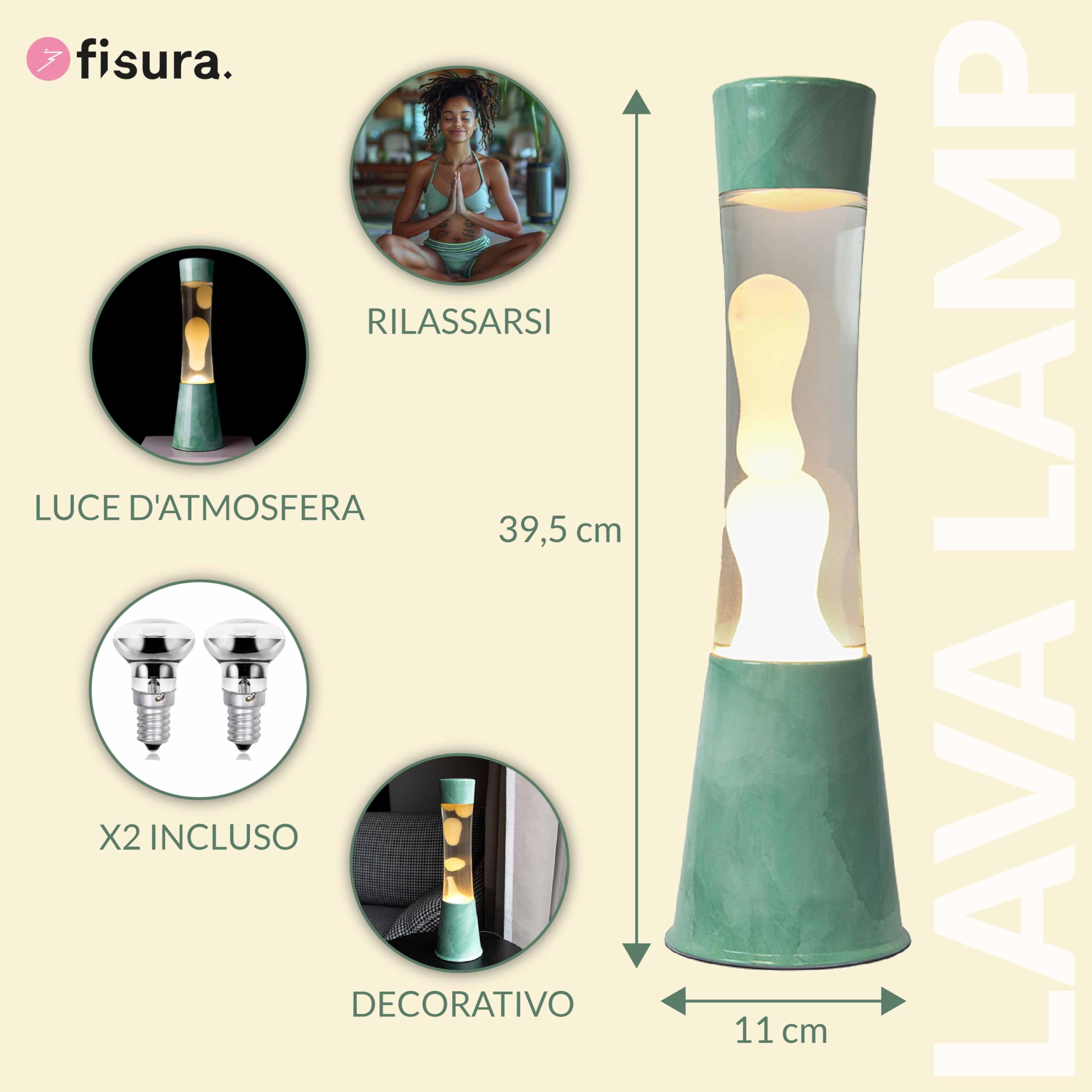 Fisura - Lampada lava Jade. Base di giada, liquido trasparente e lava bianca. Lampada ad effetto rilassante. Con lampadina di ricambio. 11 cm x 11cm x 39,5 cm.