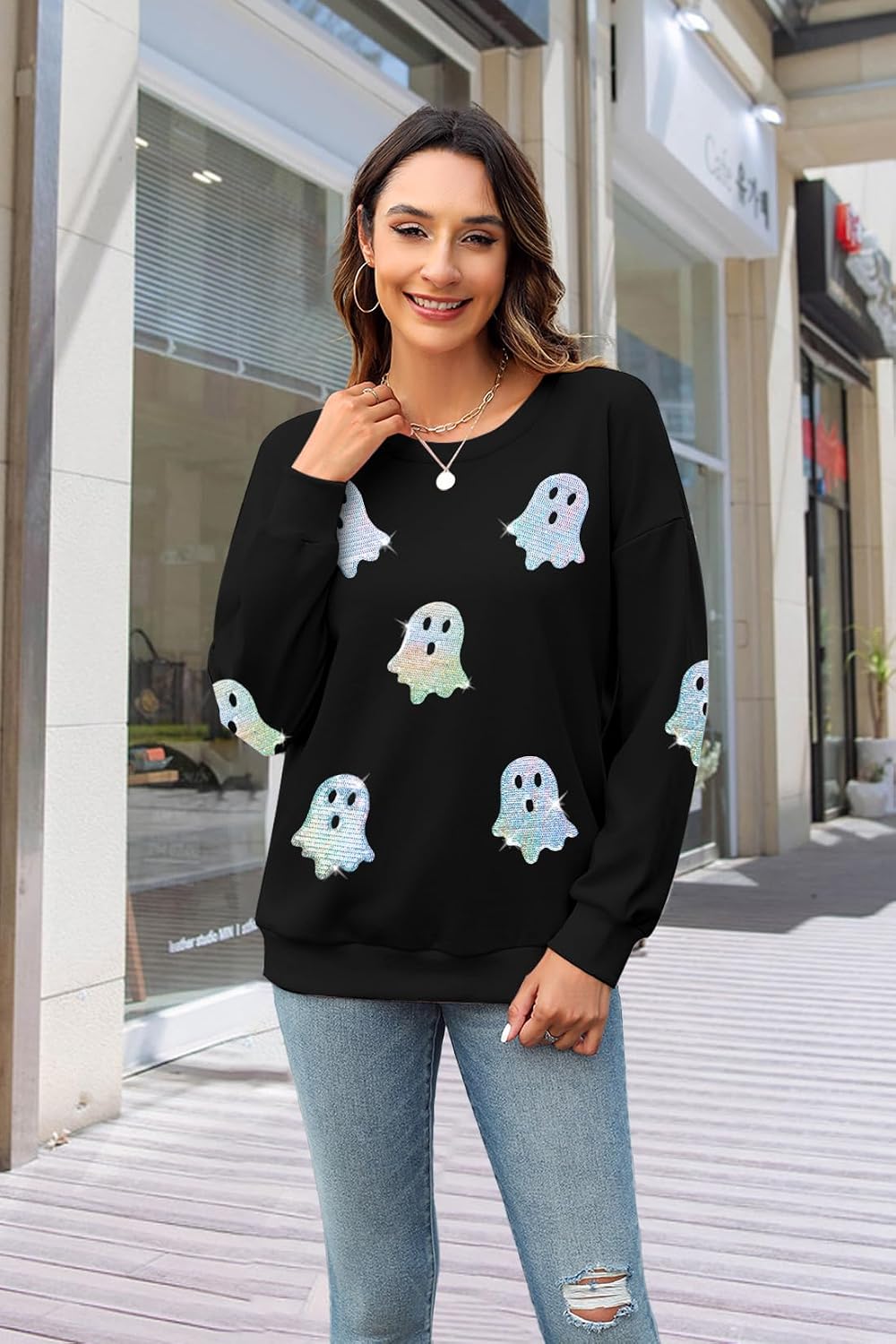 MYHALF Halloween Sweatshirts Women Colorful Sequin Ghost Graphic Pullover Shirt Halloween Witch Crewneck Sweater