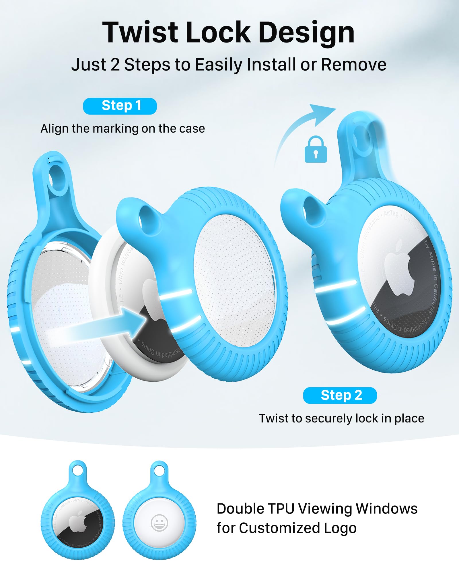 YOSH for Airtag Holder Keyring [Twist Lock Design], Integrated Full Cover Anti-Scratch TPU Case 4 Packs, 30mm Metal Spring Keychain for Car Keys, Bags, for Apple Air Tags 2021, Black — view 2