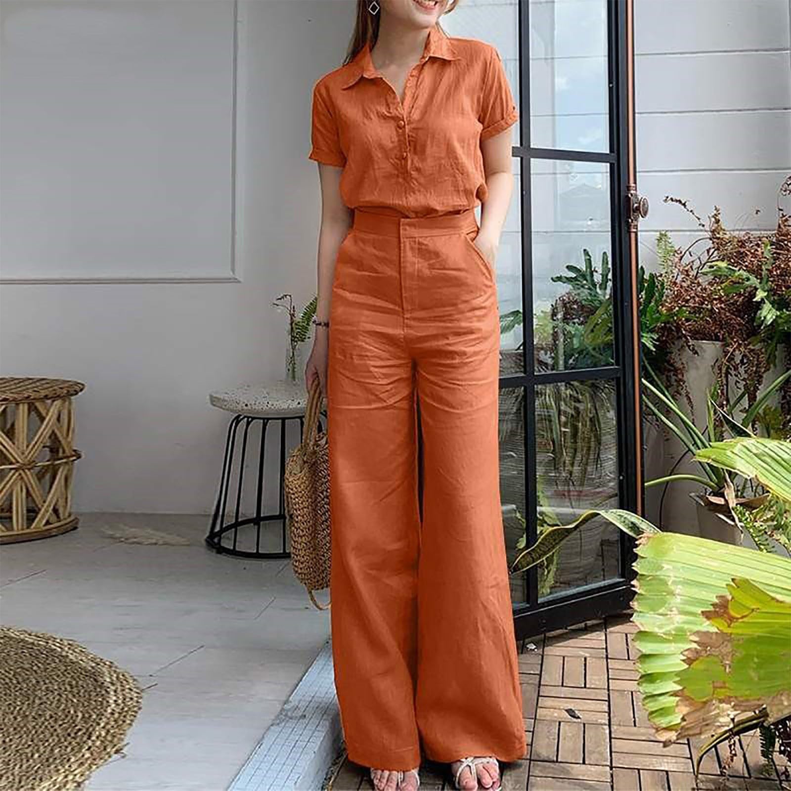 2-teiliges Freizeit-Outfit Baumwolle für Damen, ärmellose Weste mit Knopfleiste, gerade geschnittene Hose mit weitem Bein Taschen Hosenanzug Damen Cord Jumpsuit Kurz Elegant