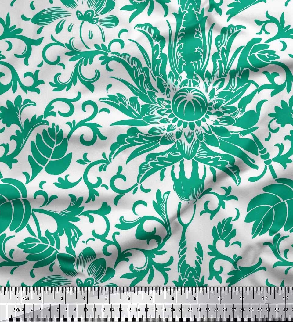 SoimoiGreen Cotton Cambric Fabric Swirl,Leaves & Chinese Oriental Floral Print Fabric by the Yard 42 Inch Wide