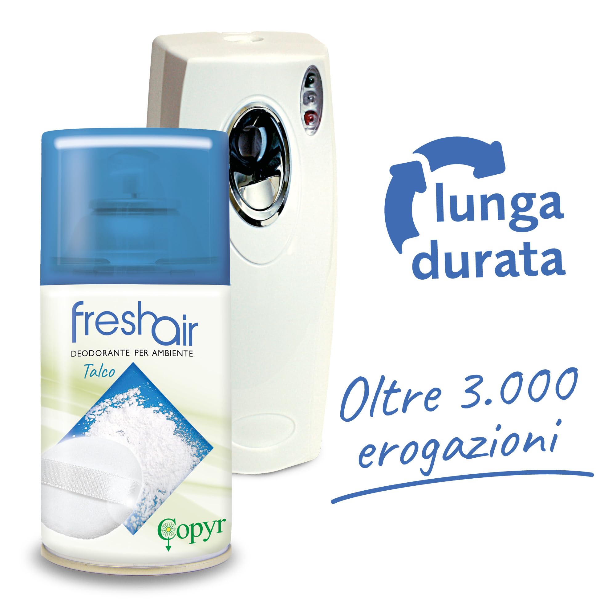 Copyr Fresh Air Talco - Deodorante Ambiente Aerosol Fragranza Delicata, 1 Bombola 250ml + Erogatore Automatico Copyrmatic Night & Day - Profumatore per Ambienti Interni, Elimina Odori fino a 100m3