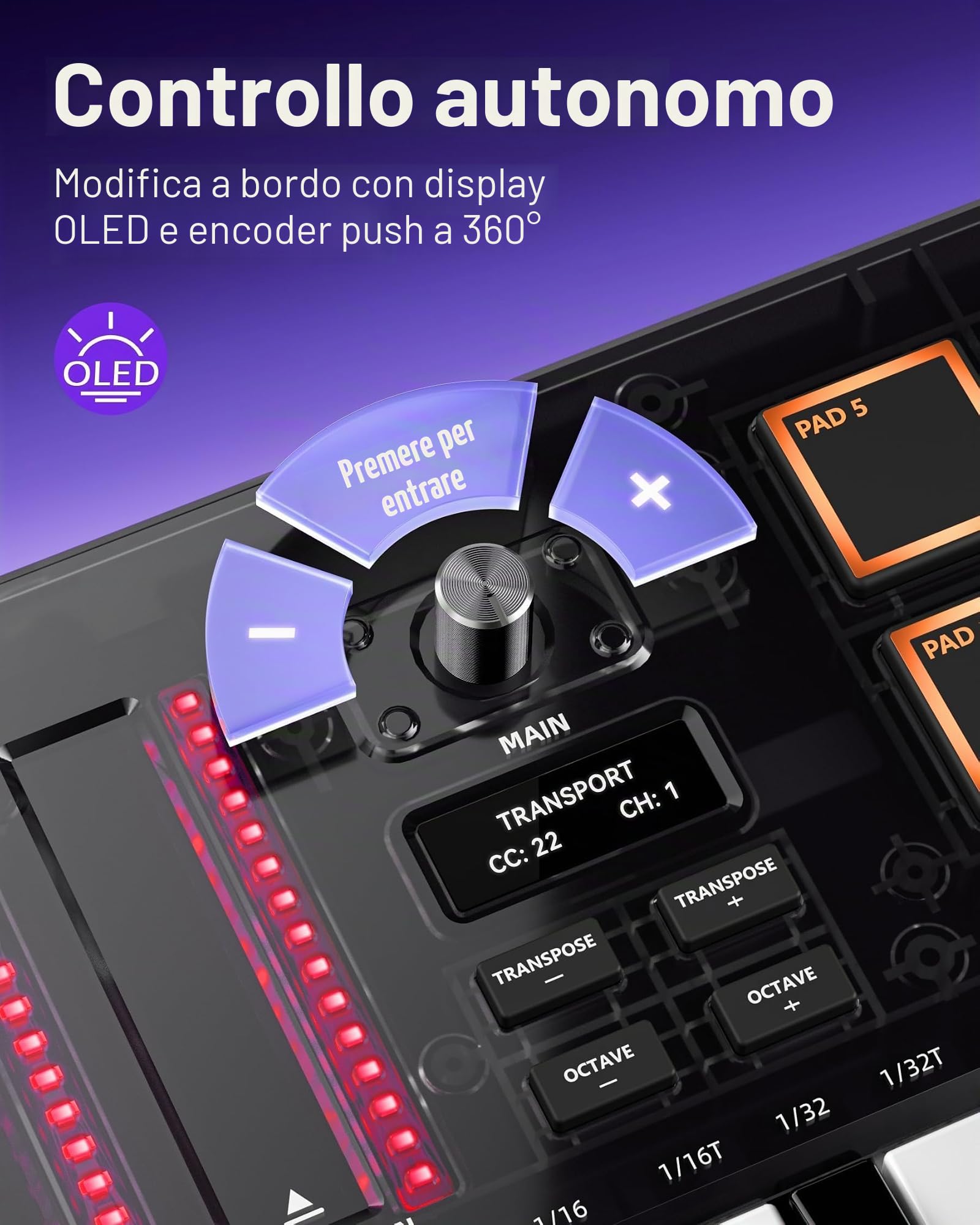Synido Tempokey K25 Tastiera Controller Midi Usb-C 25 Tasti Più Larghi E Profondi Corsa Profonda E Dinamica Al Toque, 8 Pad Drum Rgb, Display Oled, Comandi Di Trasporto,Strip Tattile,Arpeggiator，Nero