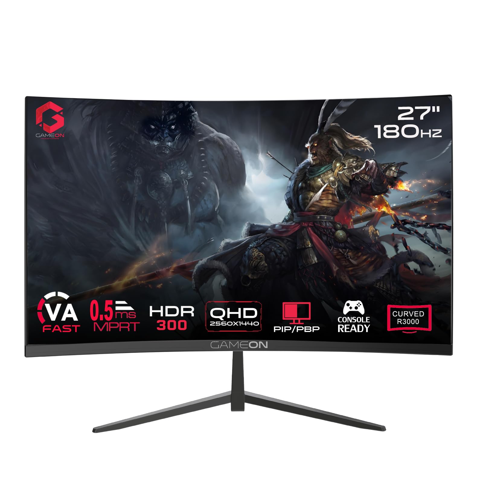 GAMEON 27” Curved Gaming Monitor – QHD 1440p, 180Hz, 0.5ms MPRT, FreeSync, VRR, HDMI 2.1 + VGA, Built-In Speakers, Console & PC Performance, VESA Mount, 100% sRGB, Low Input Lag