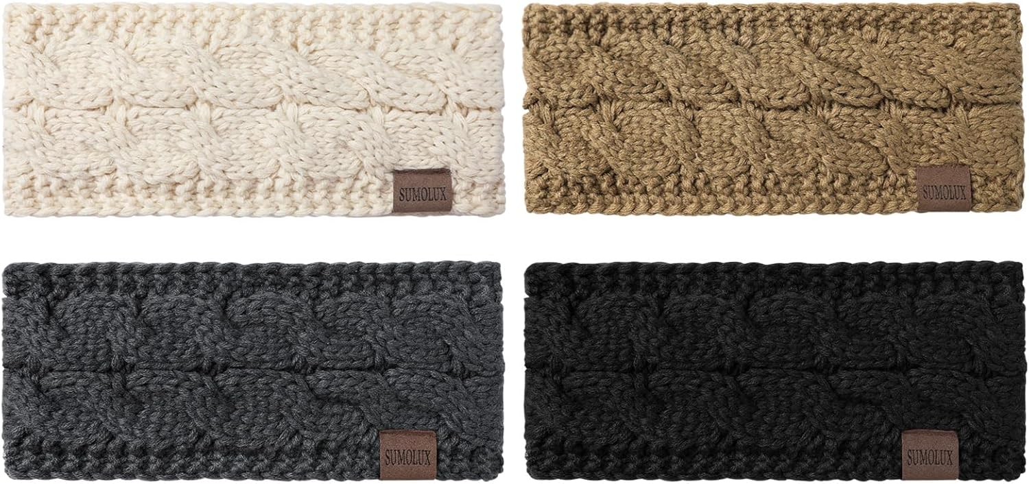 Sumolux Headbands for Women 4 Pack Winter Cable Knit Soft Fuzzy Fleece Lined Ear Warmers Cold Weather Ear Warmer Gifts - Image 3
