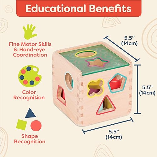 Miniatura 4 de B. toys Wonder Cube - Juguete de desarrollo - Cubo clasificador de formas de madera - 9 formas coloridas - Juguete educativo de madera para niños