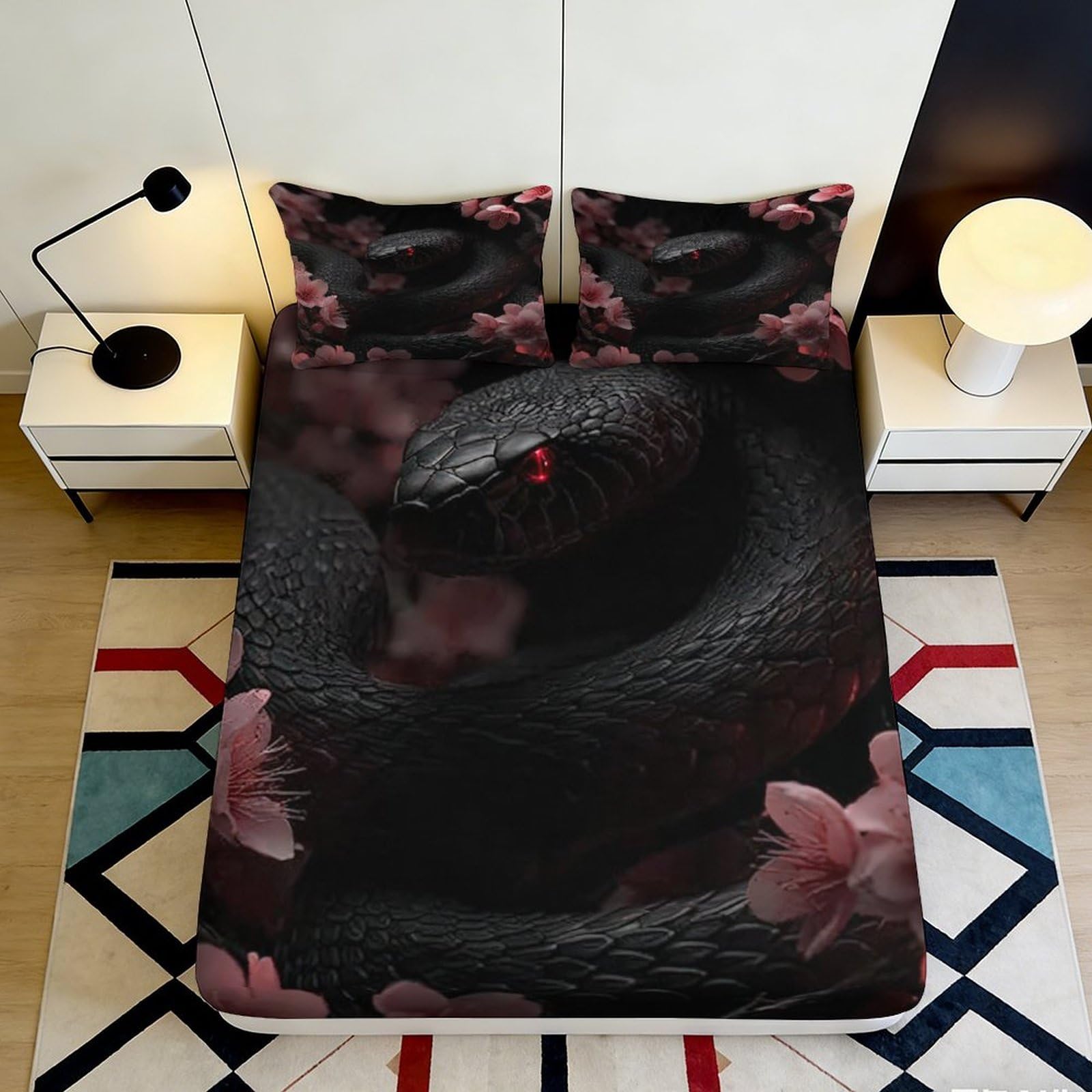 3D Printed Black Snake Floral Fitted Sheet Microfiber Soft Breathable Dark Serpent Bed Cover for Bedroom Dormitory Guest Room Mattress Protection Decor 160x200x25cm