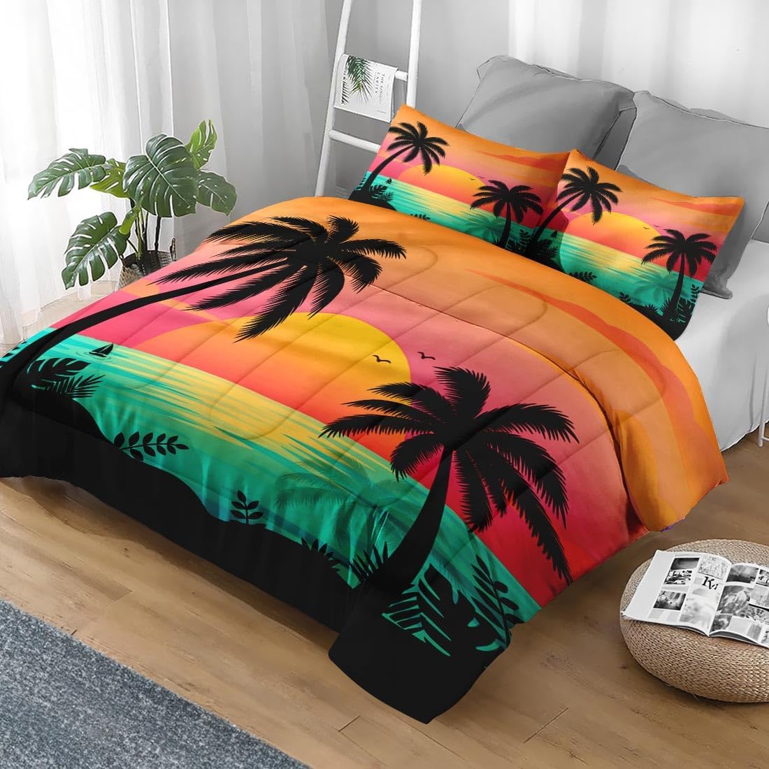 Pamnest Comforter Set Queen Size, Beach Sunset Palm Tree 3 Pcs Soft Bedding for Kids and Adults, Red Retro Tropical Comforter Set with Pillowcase, for Bedroom Bed Decor