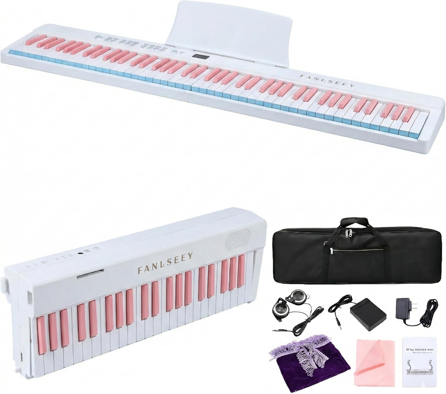 88-Key Folding Piano Keyboard, Full Size Light-Up Velocity Sensitive Keys Electric Piano, 7.5lbs Portable Digital Piano with Dual Bluetooth & MIDI, Beginner Kit with Sustain Pedal, Bag(Pink)