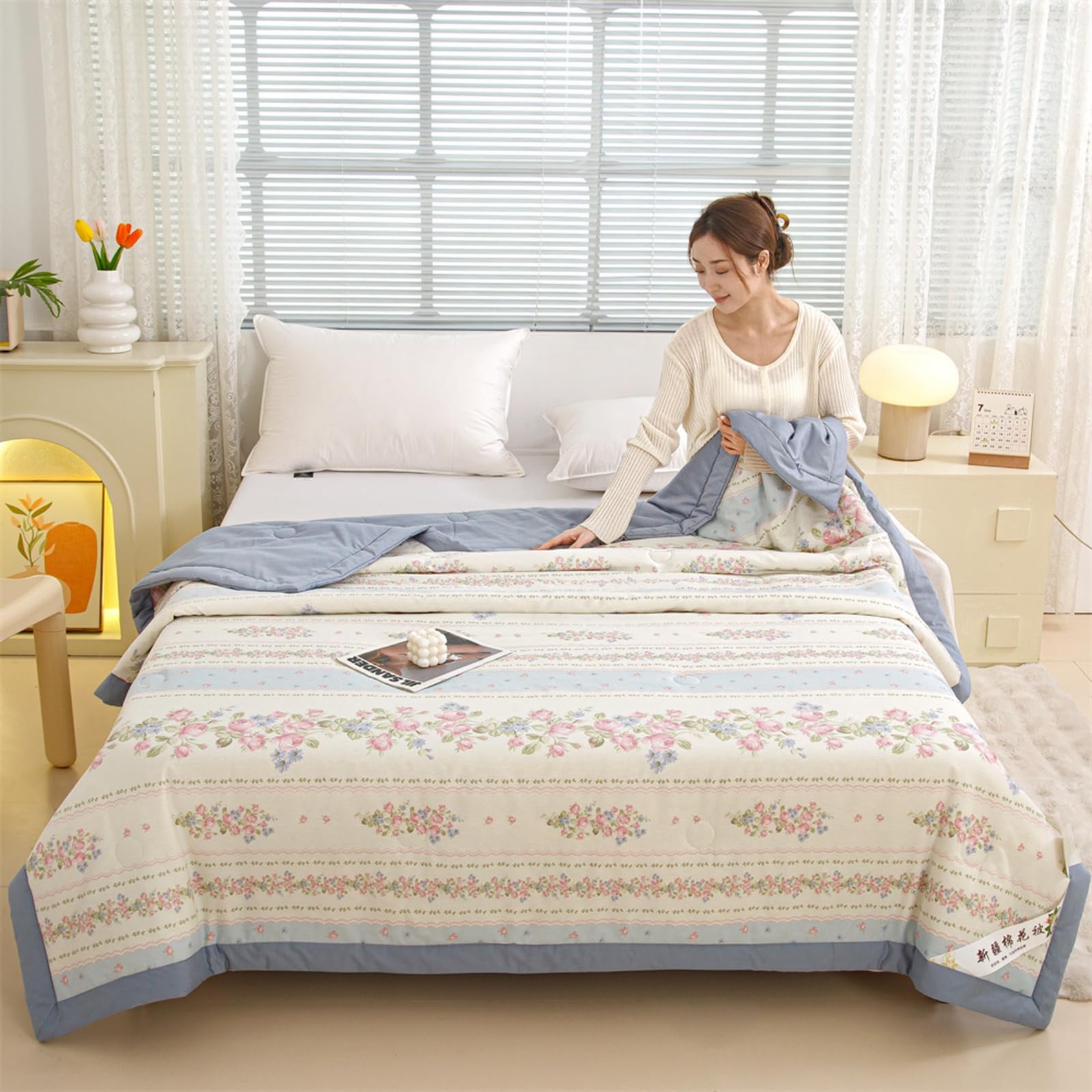 Odot Edredon Lavable Sin Funda 4,5 TOG, Algodón Reversible Primavera Edredón Verano Cama Ligera y Suave Reversible Acolchado de Manta para Días Calurosos (Rosas Preciosas,180 * 200cm)