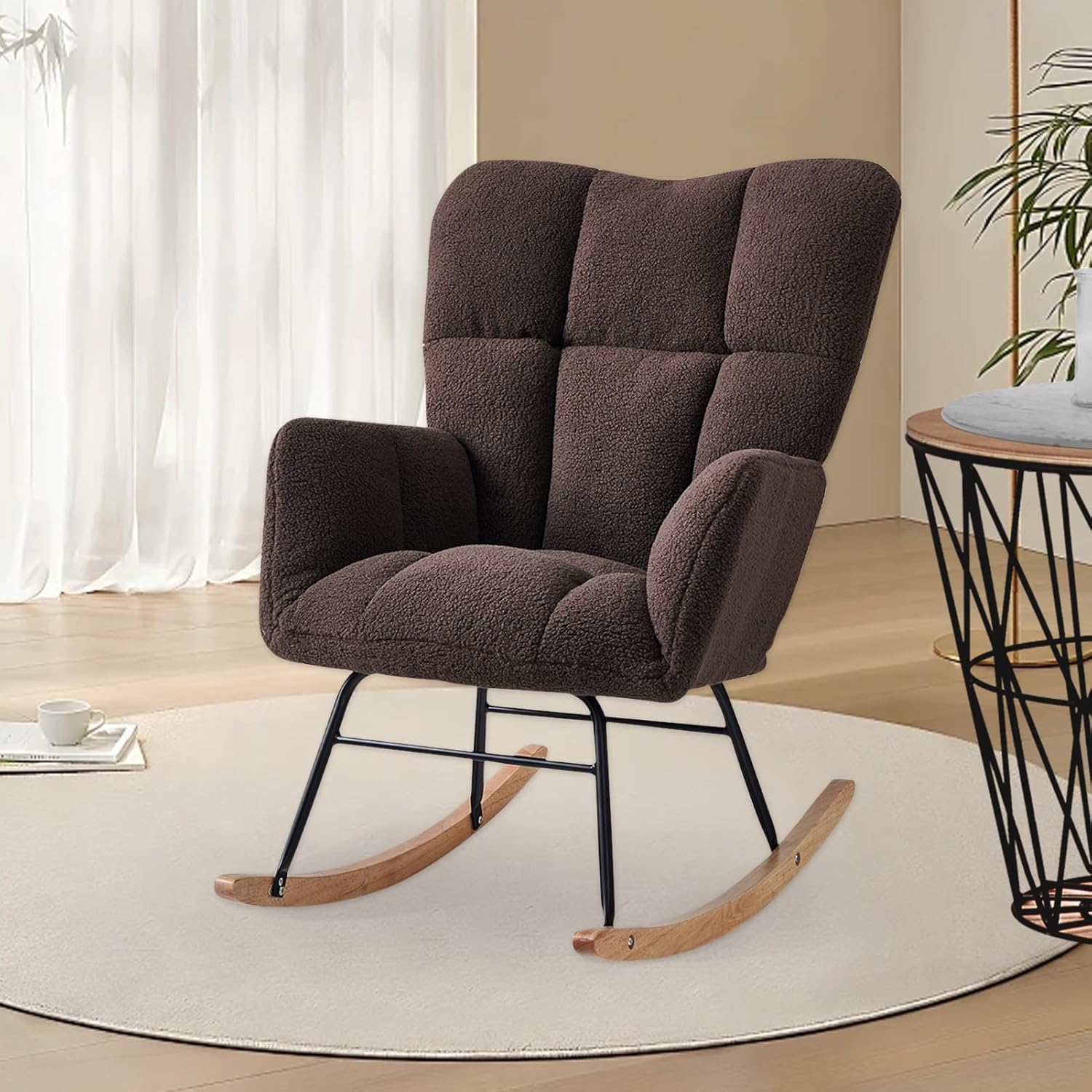 Virabit Grey Teddy Fabric Rocking Chair Glider - High-Back Nursery Rocker, Modern Accent Recliner, Perfect for Cozy Reading, Living Room & Bedroom Comfort