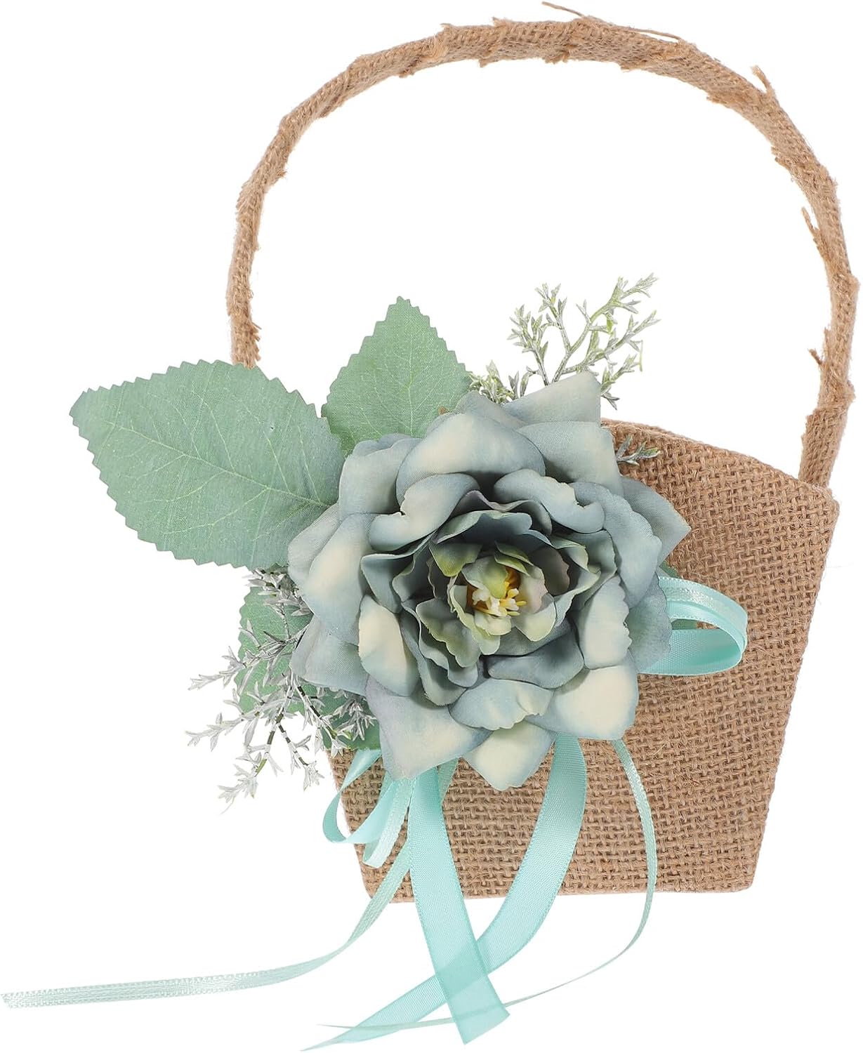 SHOWERORO Rustic Wedding Flower Girl Basket Handmade Burlap Handheld Flower Basket for Weddings Ceremony Supplies Blue Linen