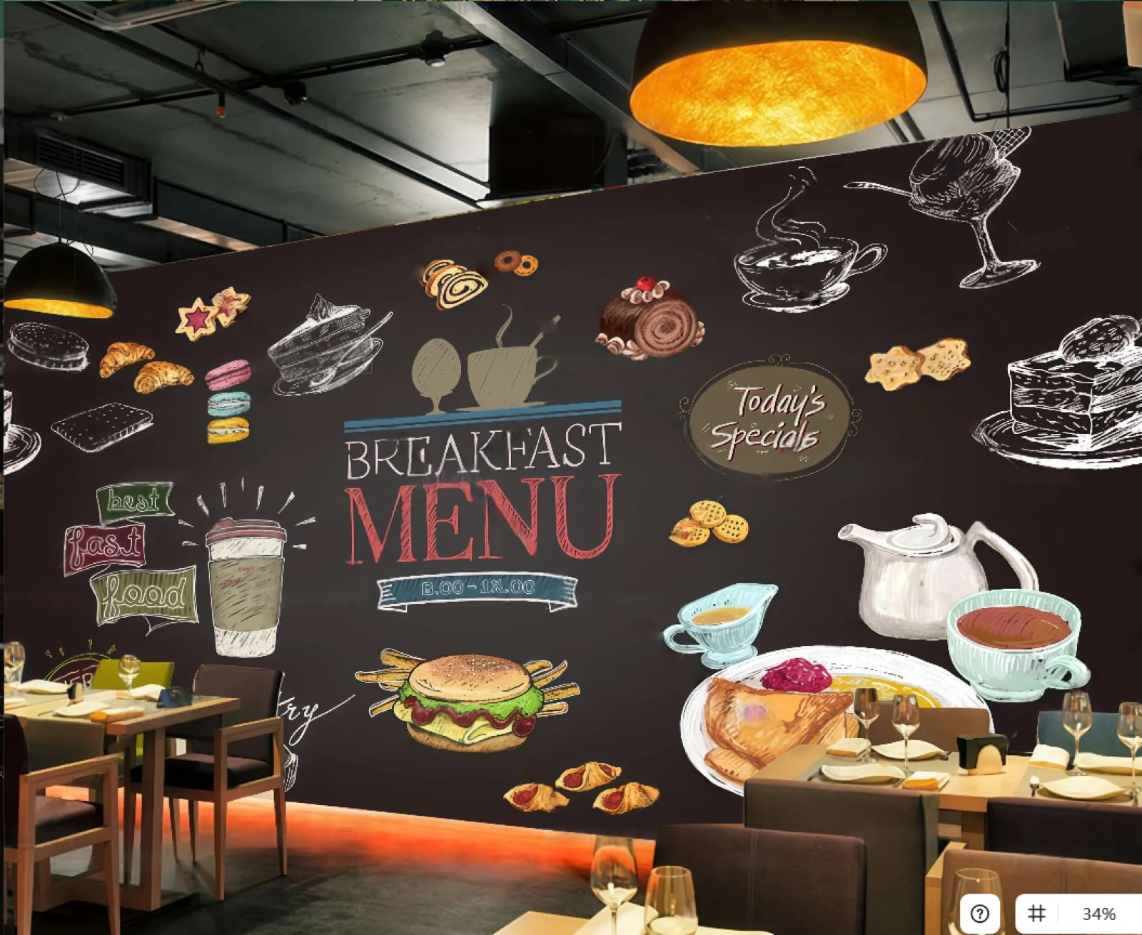XDOUBAO Wallpaper Fashion Blackboard Hand-Painted Delicious Burger Bakery Dessert Theme Afternoon Tea Western Restaurant Background Wall Wallpaper Coffee Shop Mural,3D,300x210cm