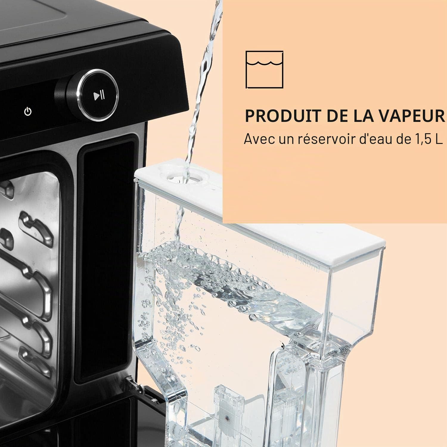 KLARSTEIN VaporChef - Four vapeur encastrable, four posable, cuiseur vapeur sur pied, 230 ° C, réservoir d'eau 1,5 L, molette de commande, CEE A, grill, friture à air, 31 L - Noir