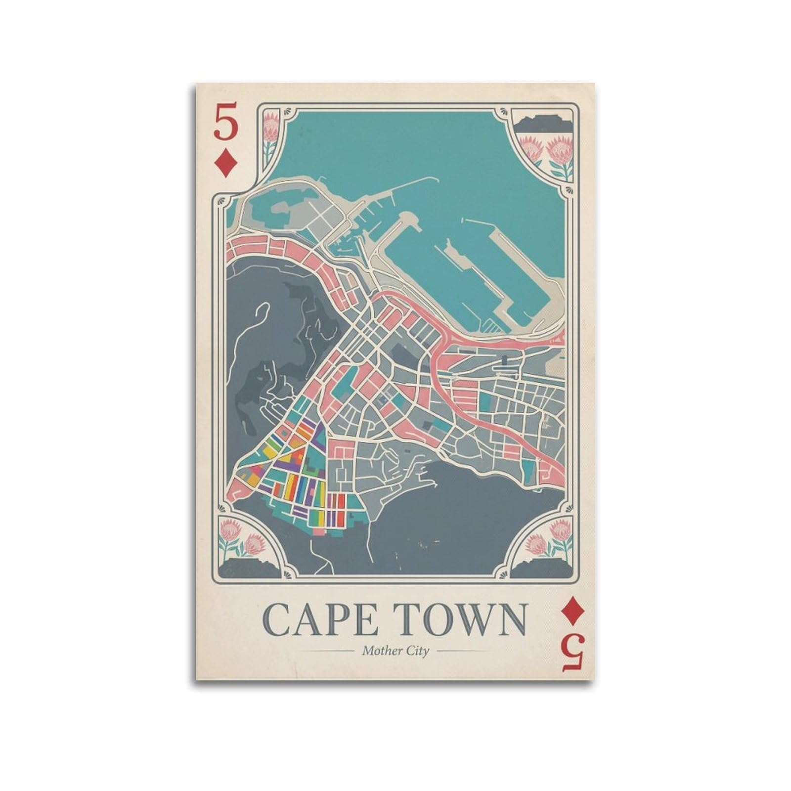 OKNGB Vintage City Map Poster Cape Town Table Mountain Playing Card Style Decorative Painting Canvas Art Picture 20x30inch(50x75cm)