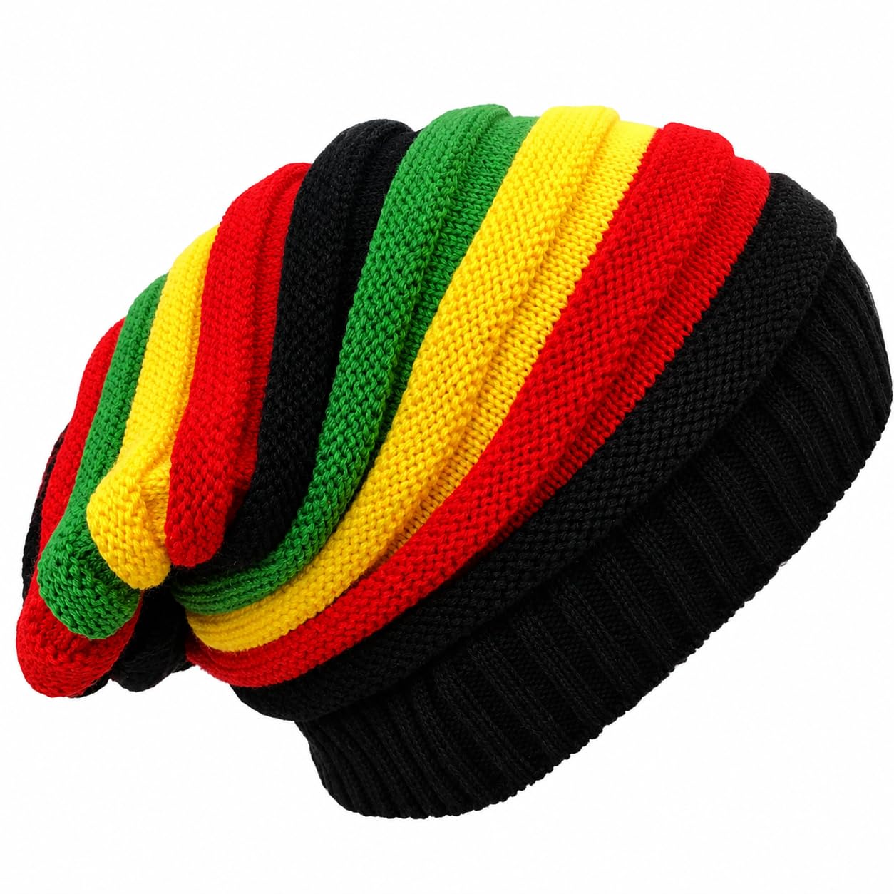 Unisex Slouchy Knit Beanie Cap – Winter Warm Stretch Skull Hat, Soft Crochet Striped Rasta Style Beanie for Men & Women (Free Size, Multicolor) Striped Slouch Beanie Hat, Red Yellow Green Black-image-16