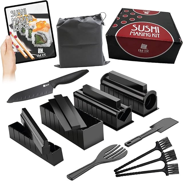 The Kit Company Sushi Making Kit | 15 pcs Equipment & Tools inc Detailed ebook | Professional Sushi Knife, Spatula with Carry Case