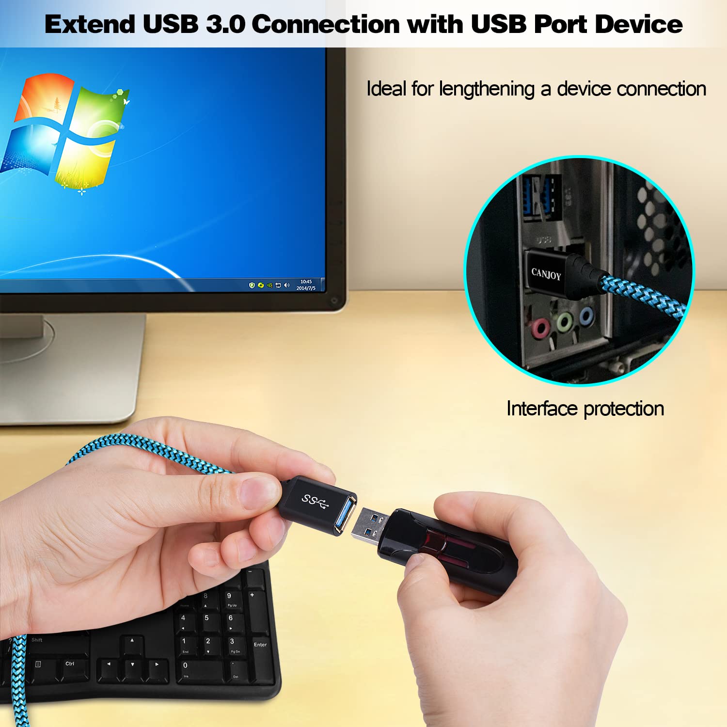 Canjoy Lot de 3 Câble de rallonge USB 3.0 Red Gold Blue