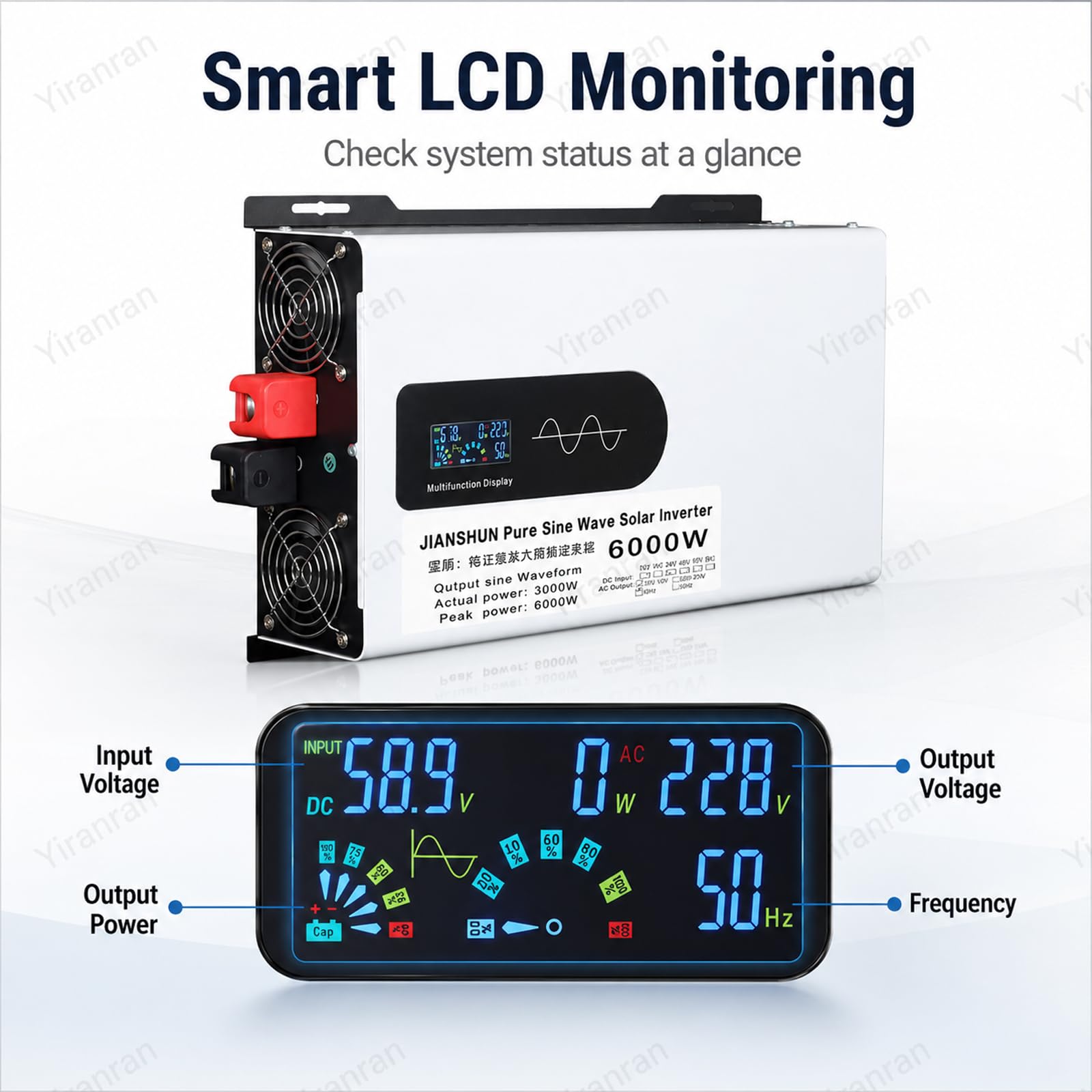 Inverter Ibrido Solare da 6000 W, Convertitore di Tensione Inverter A Onda Sinusoidale Pura Ad Alta Potenza, 3000 W Continui, 6000 W di Picco, Display LCD, Protezione Multipla, 96V