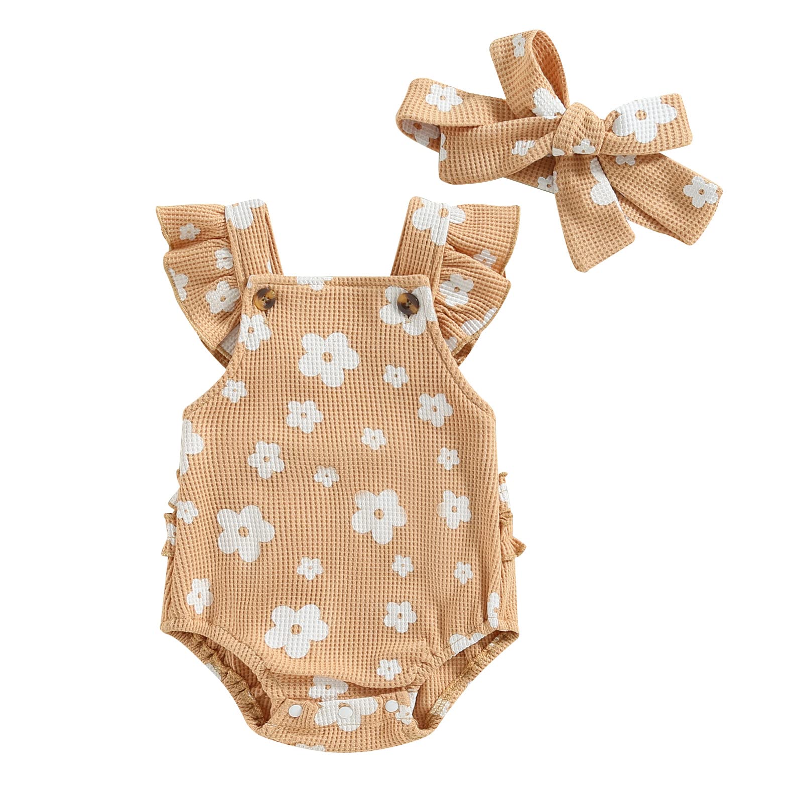 VISGOGO Summer Newborn Baby Girls Rompers Dress Flower Mesh Short Sleeve Jumpsuits Headband Outfits (Light Khaki-Flower, 0-3 Months)