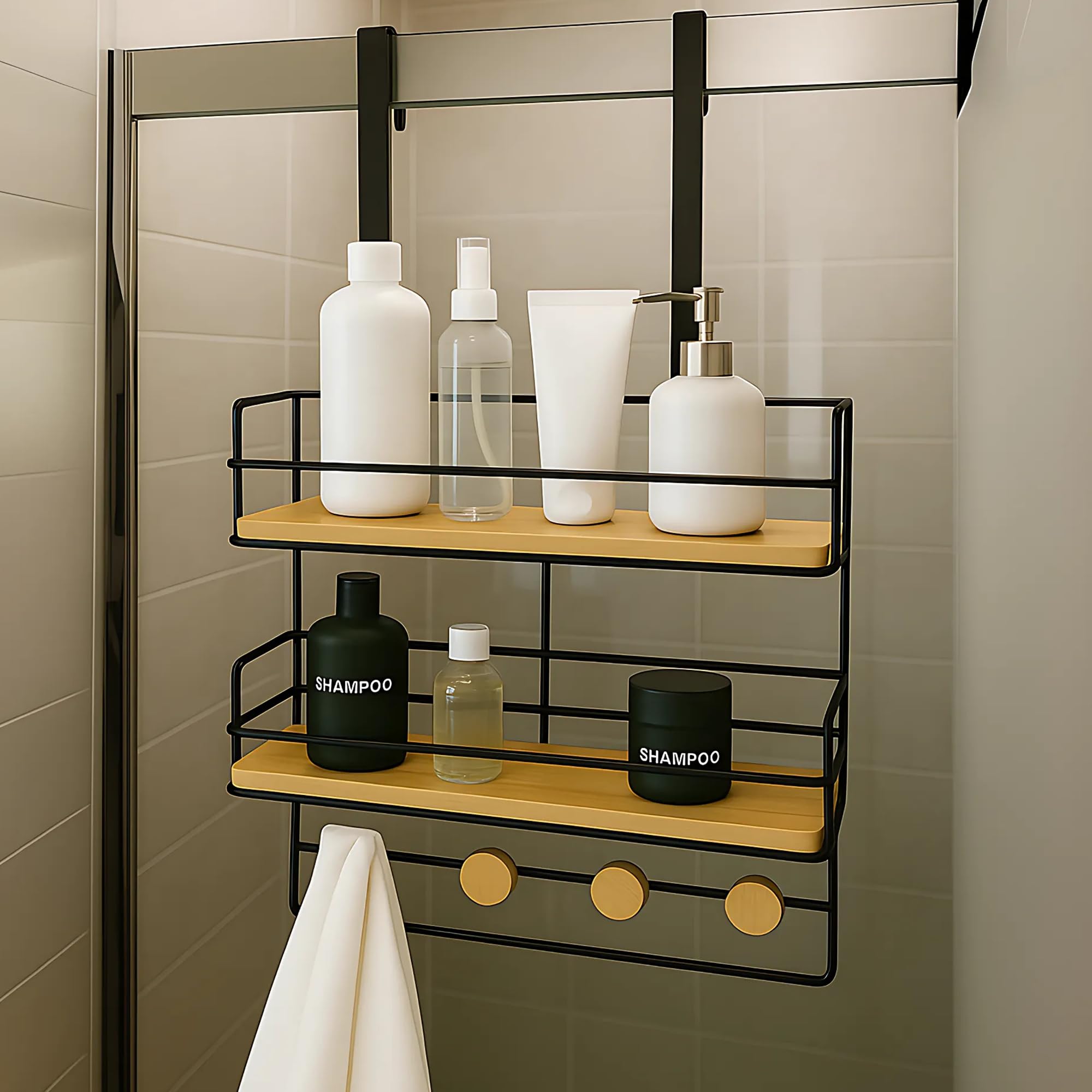 SDZOREN Over-the-Door Shower Caddy Large Hanging Bathroom Organizer with 2 Wooden Shelves 4 Towel Hooks Tool-Free Hanging Rack