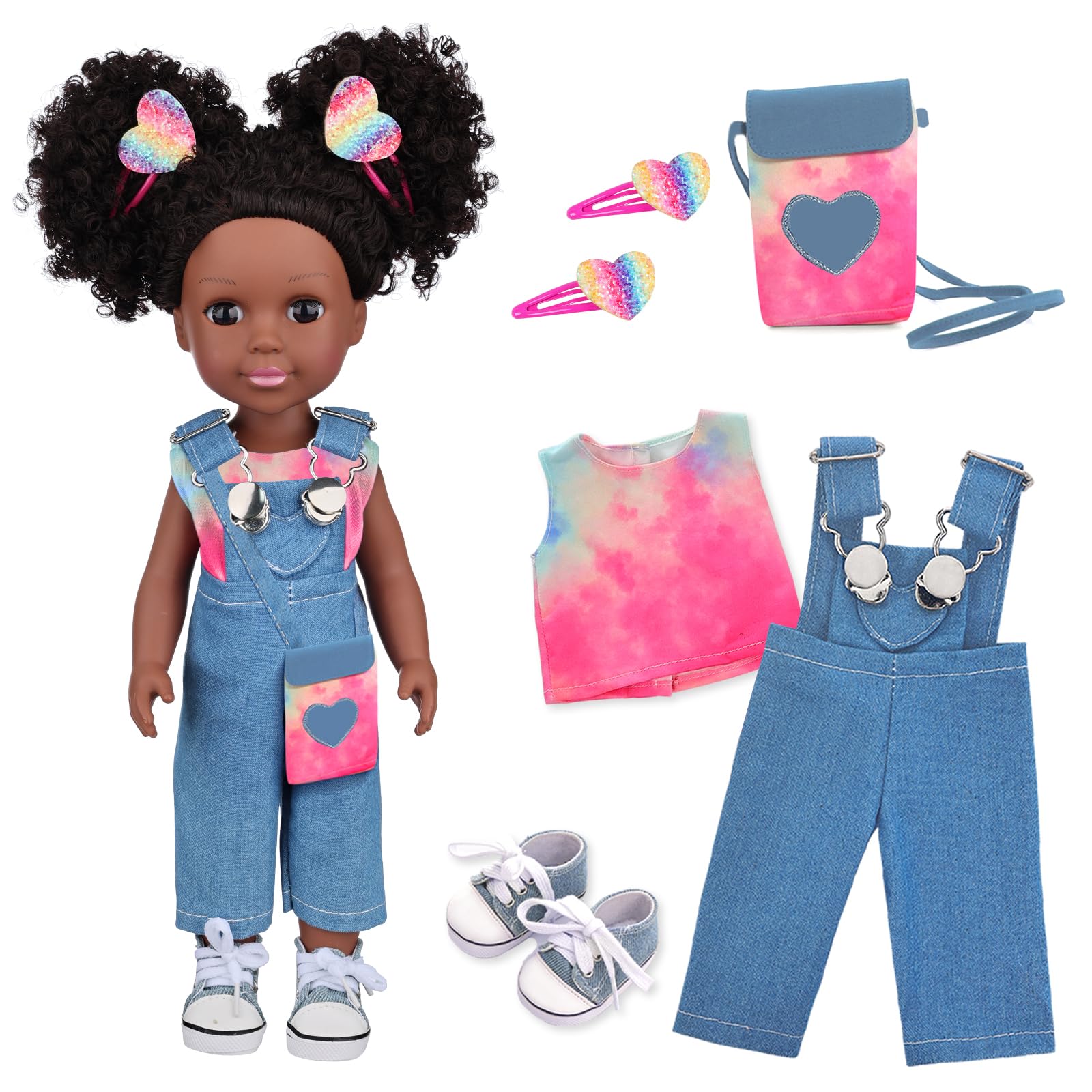 UNICORN ELEMENT Black Baby Doll with Tie-Dye Rainbow Top and Clothes Set - 14.5 Inch Silicone Realistic Girl Doll