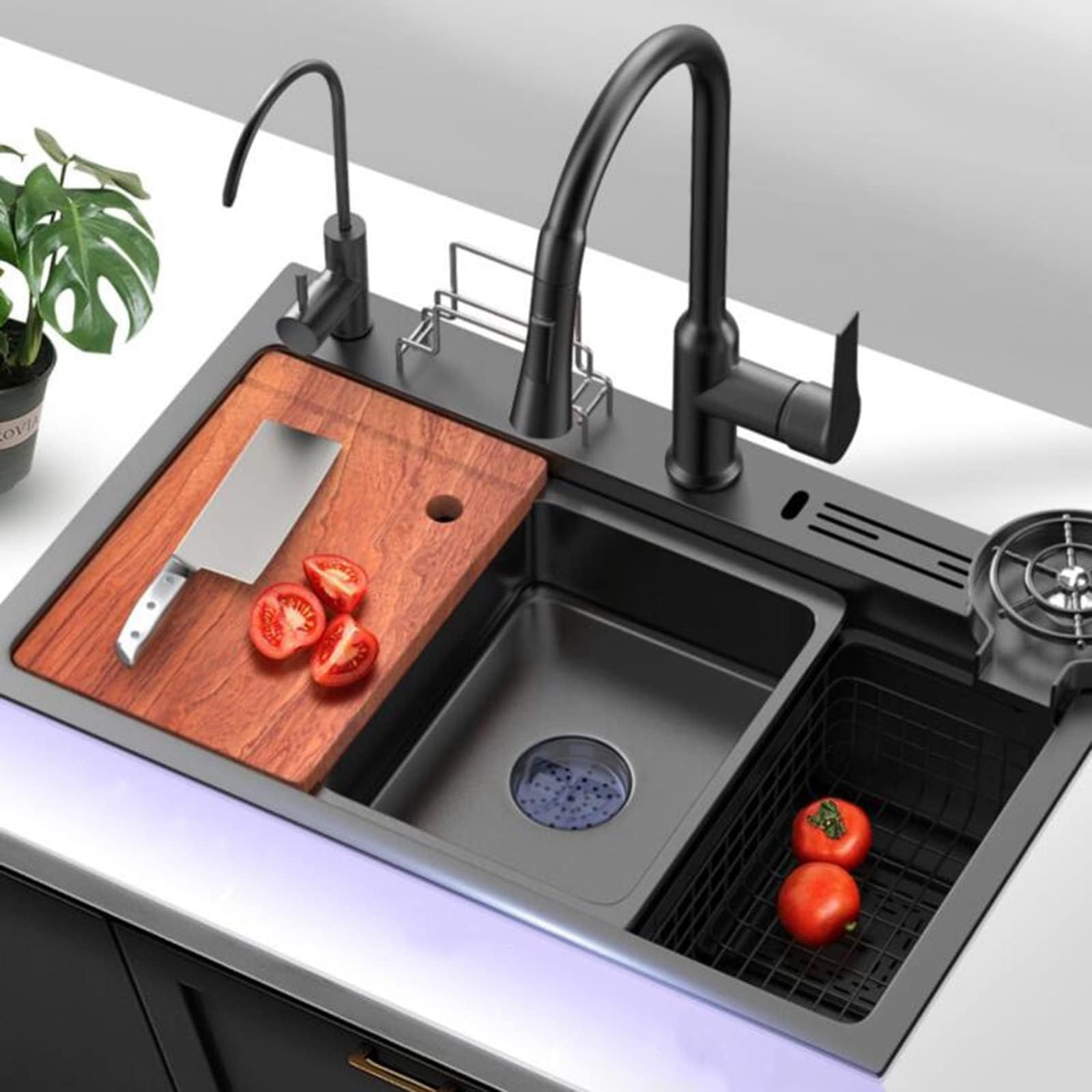 SDdPulse 3mm Thick Nanometer Kitchen Sink with Waterfall Tap Multifunction Single Sink Black for Home Kitchen, Black, 65 x 46 x 22 cm