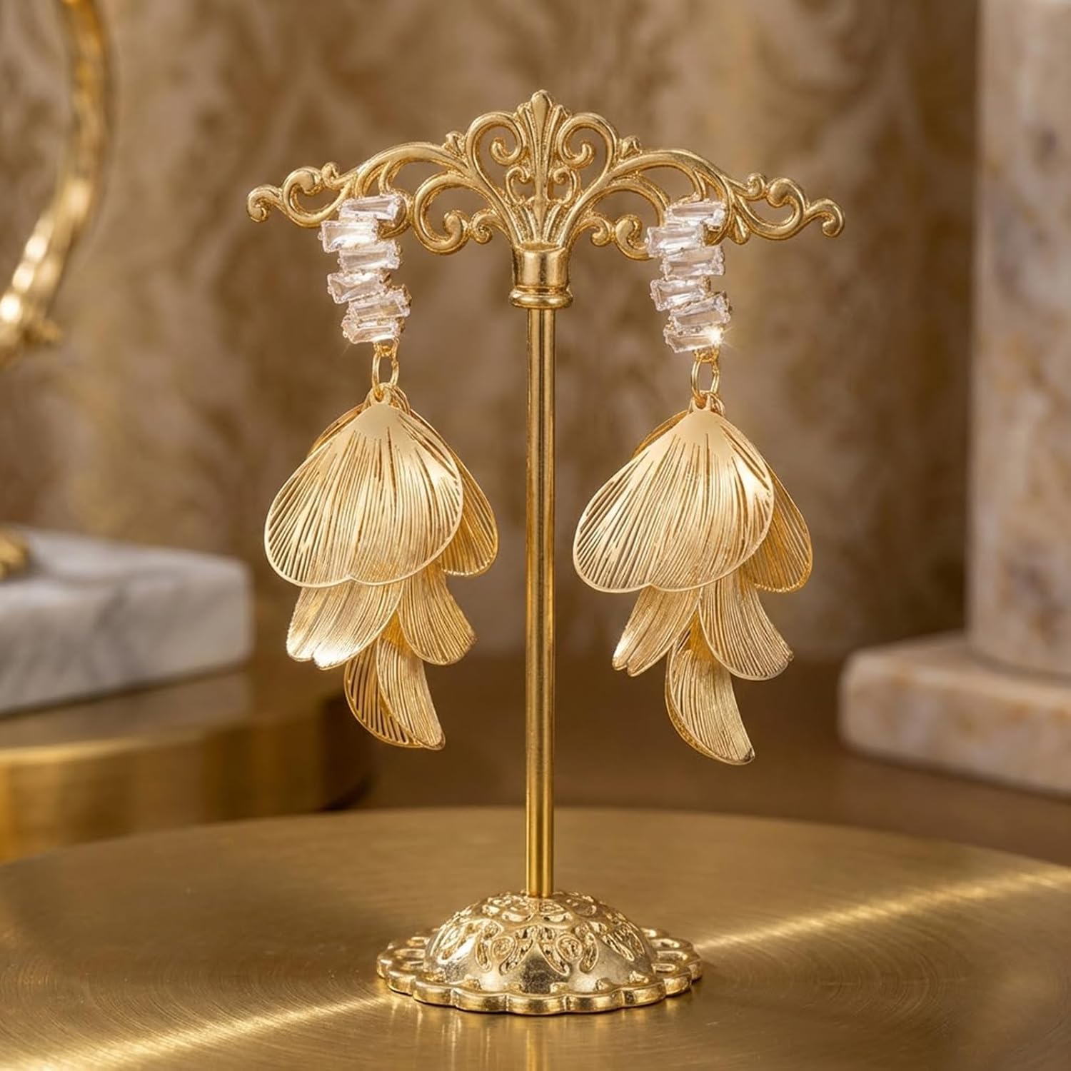 Gold Flower Earrings for Women Dangling Boho Floral Statement Dangle Earrings with Rhinestones for Prom Party - Image 4