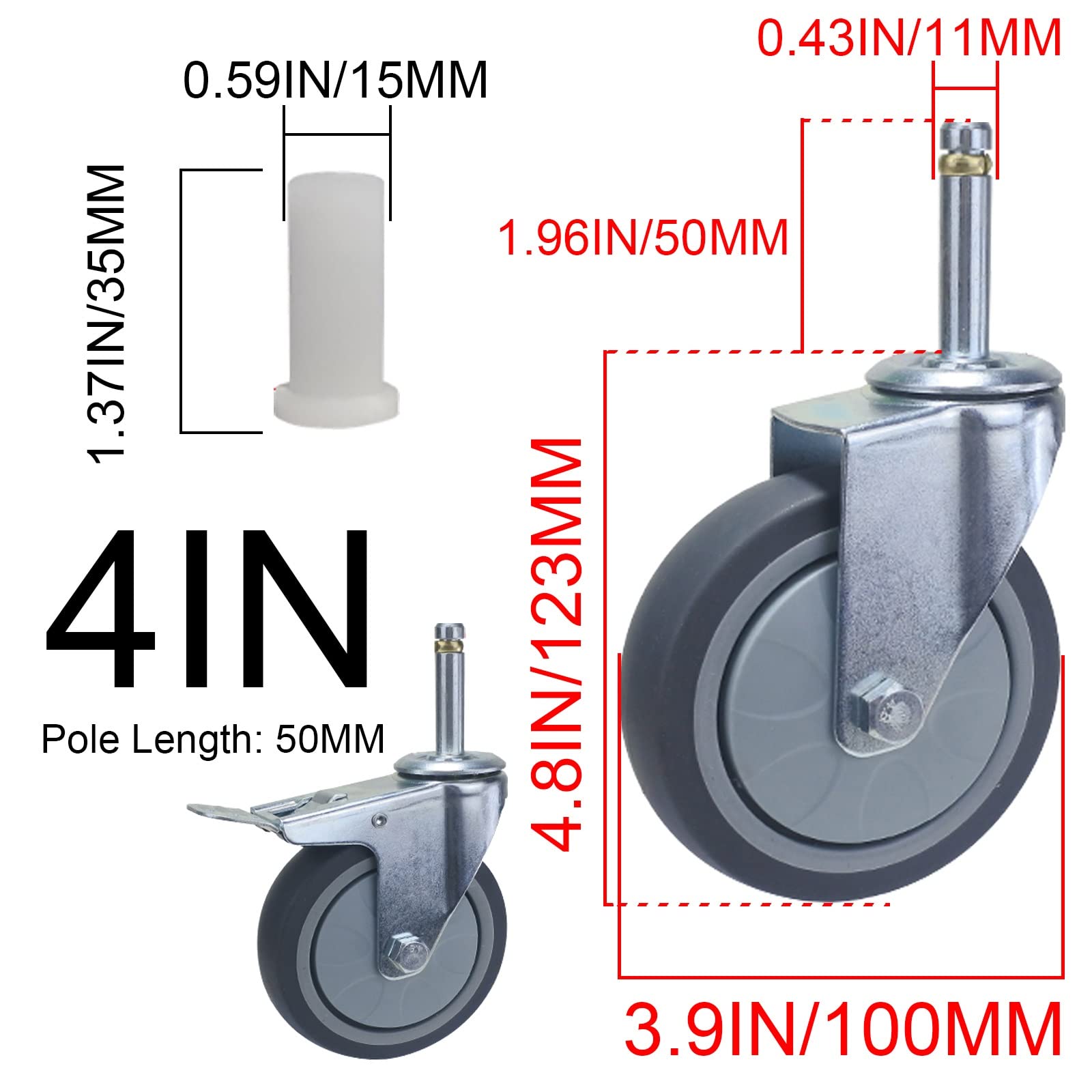 Rueda Resistente Con Freno, Ruedas De Muebles De 100 Mm Con Vástago De