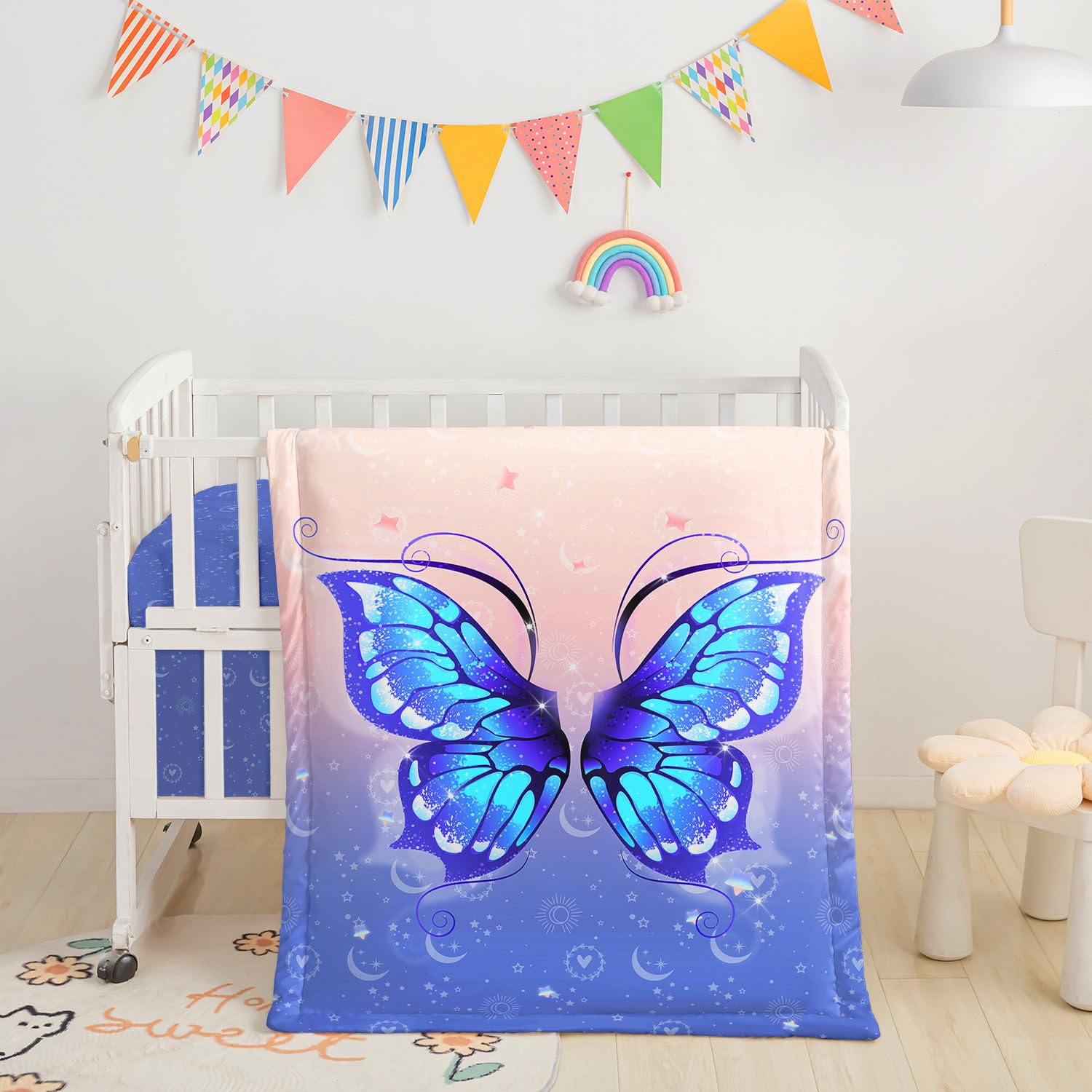 Crib Bedding Set,3pcs Nursery Crib Bedding with Comforter Crib Sheet &amp; Crib Skirt,Sparkle Blue Butterfly Printed Nursery Bedding for Baby Boys and Girls(Blue Butterfly)