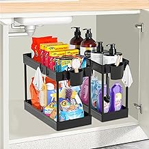 2 Pack Under Sink Organizer,2 Tier Bathroom Cabinet Organizers and Storage with Hooks&Cups,Bathroom Organizer,Kitchen Organizers,Spice Rack Organizer,under cabinet organizer,Multi-Purpose Storage Basket Shelf for Kitchen
