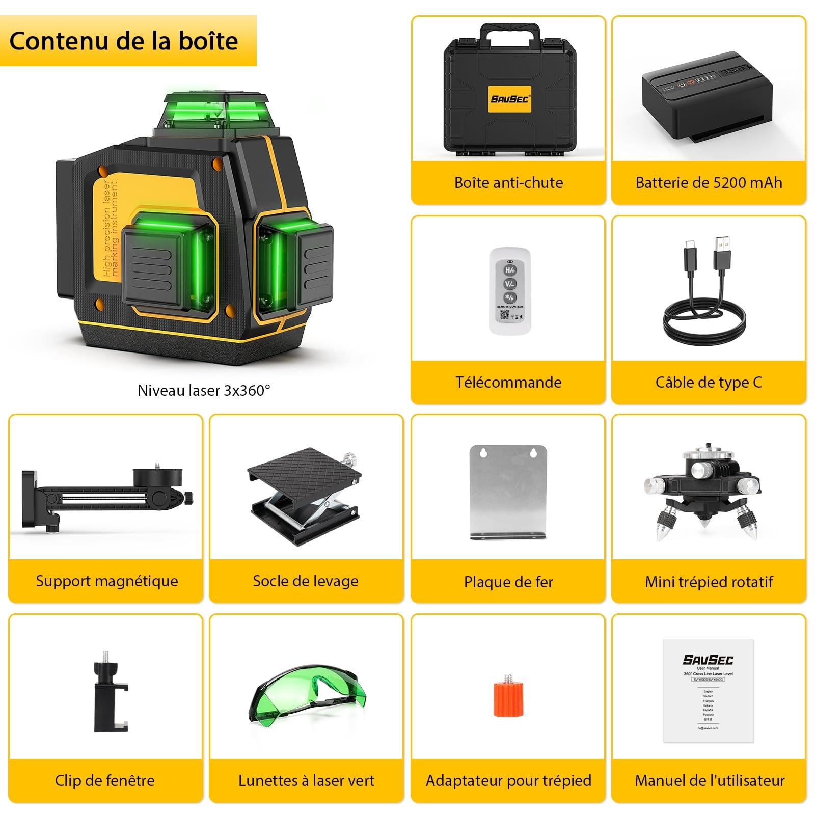 Niveau Laser Chantier Autonivelant 3x360°(jusqu'à 37 h), Niveau Laser Professionnel 3D 12 Fils, Lazer Niveaux 360 Autonivelant, Luminosité Réglable, Télécommande, Batterie Rechargeable