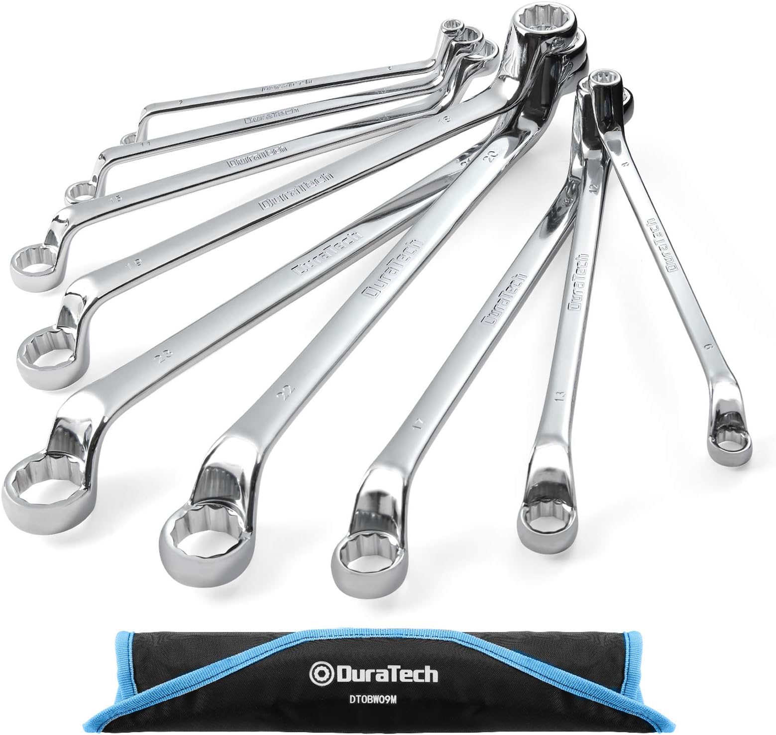 DURATECH Offset Box Wrench Set, Metric, 9-Piece, 6-23mm, 75-Degree, CR-V Steel, Organized in Rolling Pouch